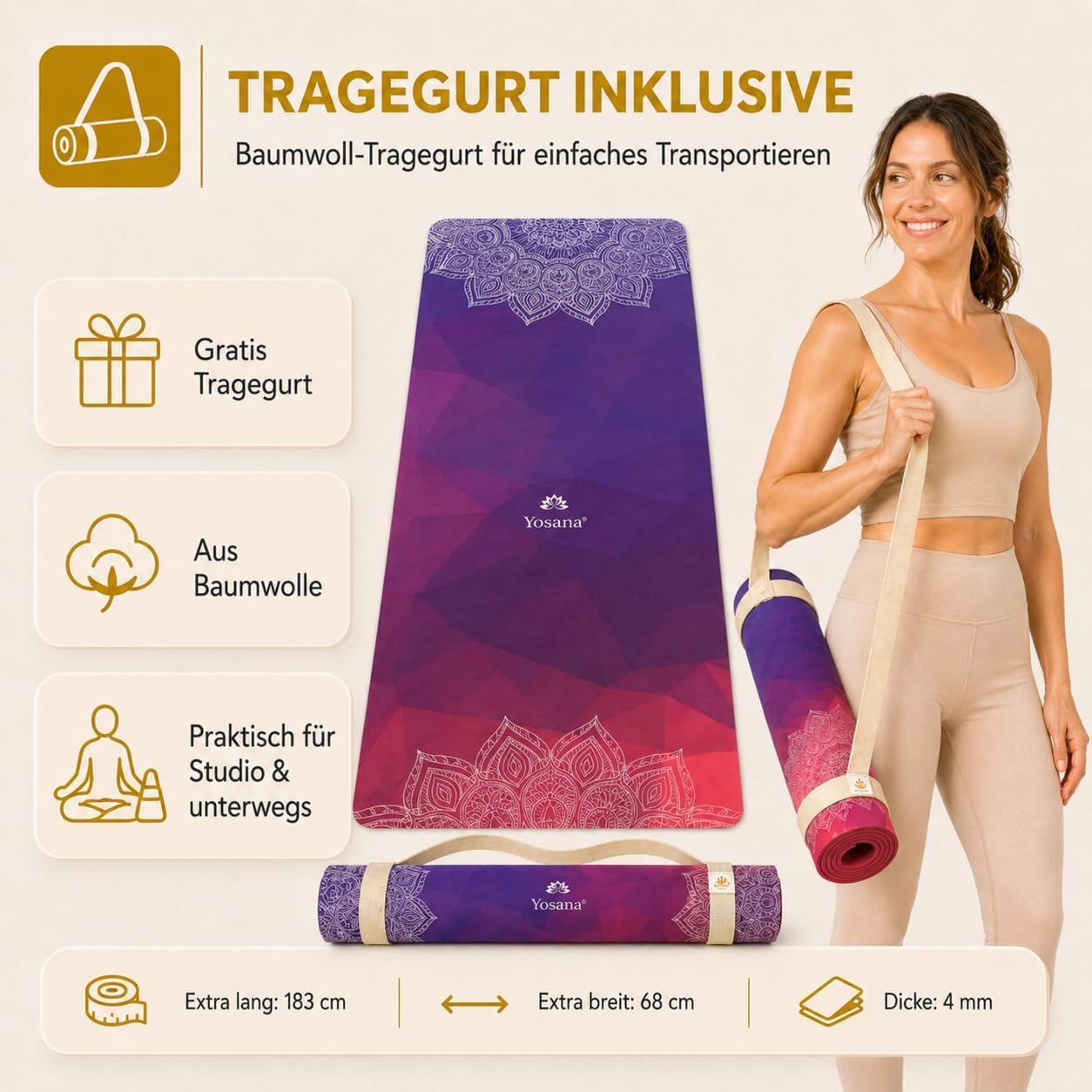 Yosana Yogamatte aus Naturkautschuk – rutschfeste, nachhaltige Yogamatte mit Mikrofaseroberfläche zur schnellen Aufnahme von Schweiß – maschinenwaschbare Sportmatte – 183 x 68 cm – Bild 6