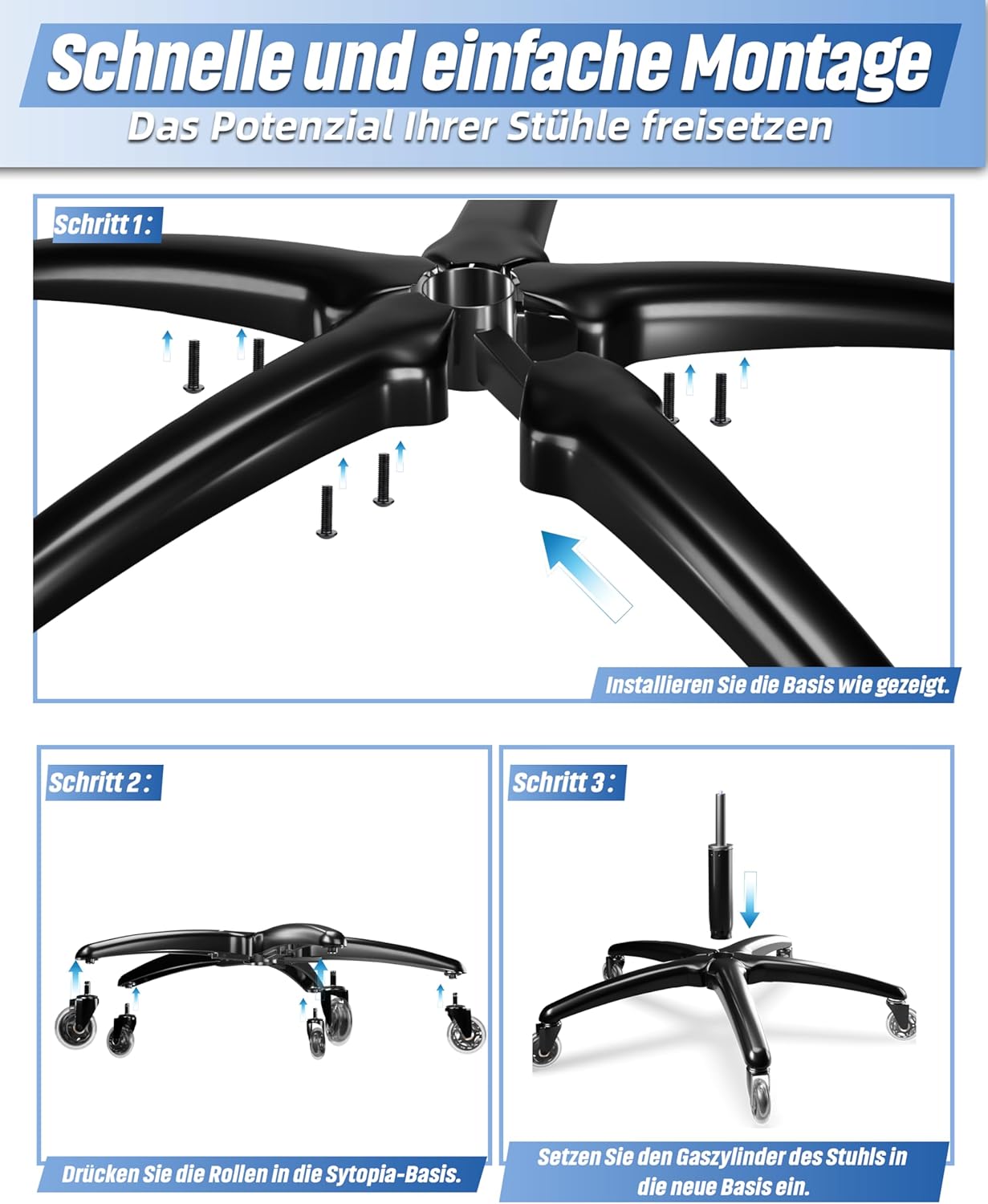 Sytopia SYT-Base Bürostuhl-Untergestell 200 kg, extra stabile Metallbasis, 70 cm Durchmesser, Bürostuhl-Untergestell aus Metall, kompatibel mit 11 mm x 22 mm Rollen und 50 mm Gasfeder – Bild 6