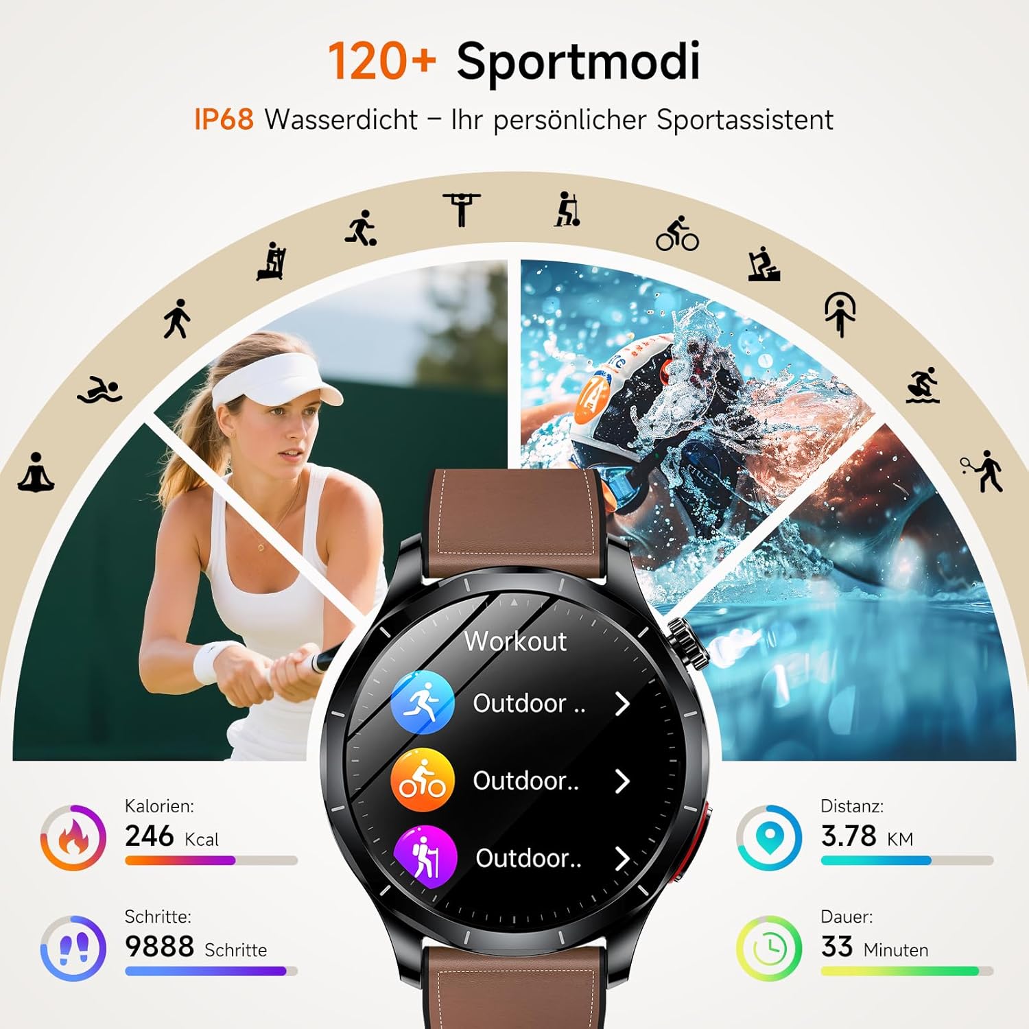 2026 Herren Smartwatch mit EKG/HRV/BMI/Harnsäure, 1,43 Zoll AMOLED Gesundheitsuhr mit 24H SpO2 Apnoe Schlafmonitor SOS Notruf Fitnessuhr Android/iOS (Braunes Leder) – Bild 6