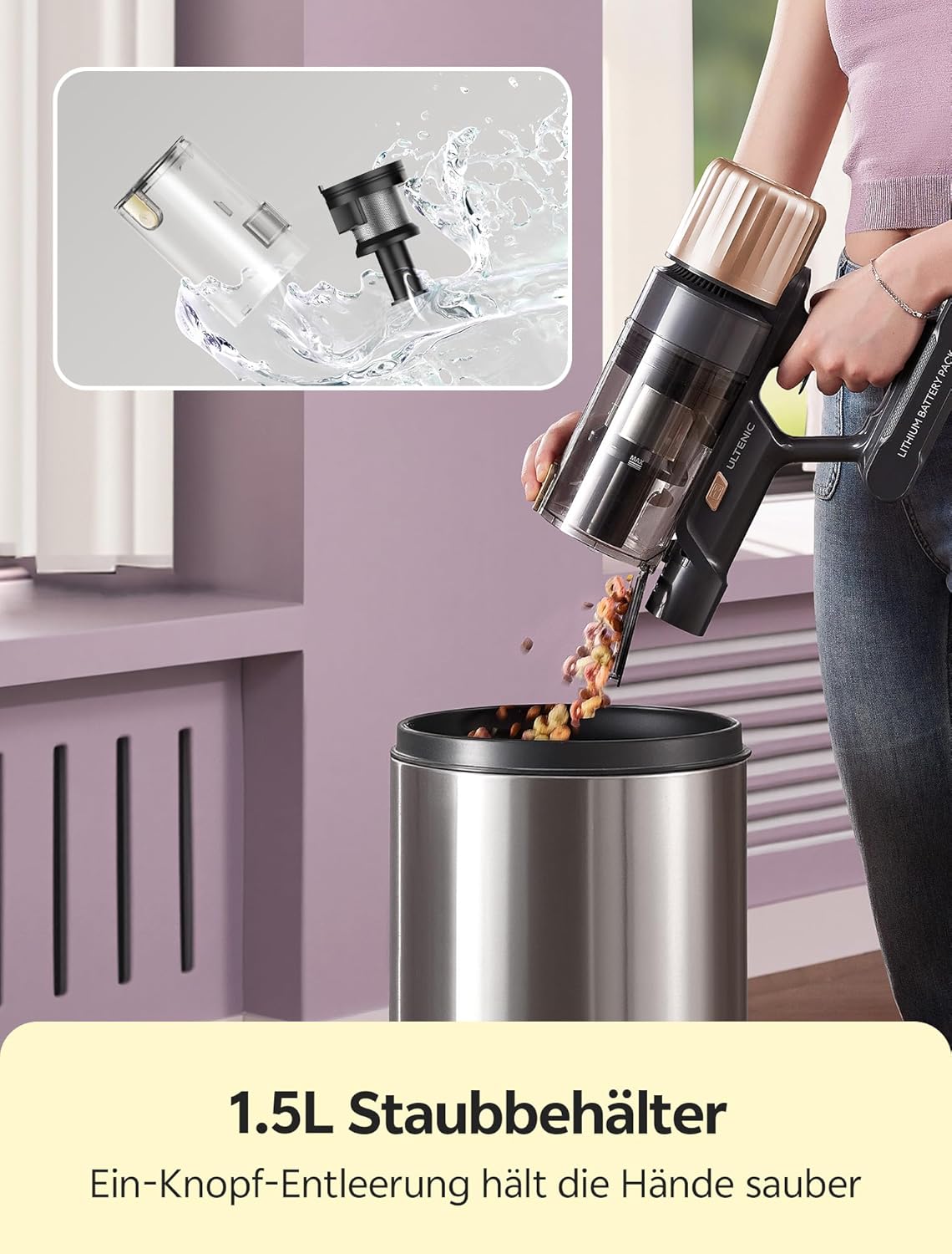 Ultenic Akku-Staubsauger, 600 W/55.000 Pa/65 Min., kabelloser Staubsauger mit GreenEye-Technologie, Teleskoprohr & freistehend, 6-lagiger Filter, Anti-Tangle-Bürste, für Tierhaare, Teppiche, Hartböden – Bild 9