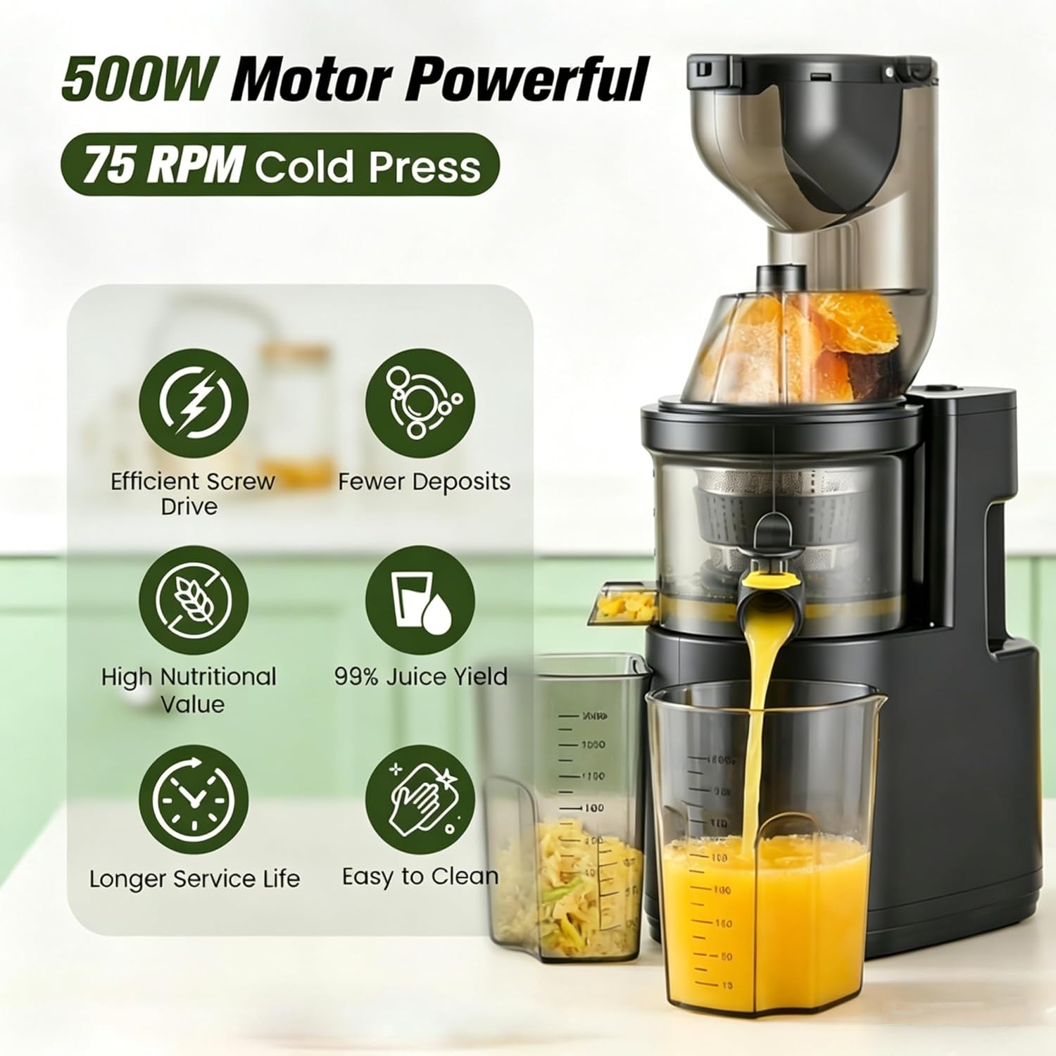 Slow Juicer 500 W, elektrischer Entsafter mit 125 mm breitem Einfüllrohr, Entsafter Gemüse und Obst Testsieger für ganze Früchte und Gemüse, BPA-frei, inklusive 2 Behältern, Pinsel und Saftrezepten – Bild 2