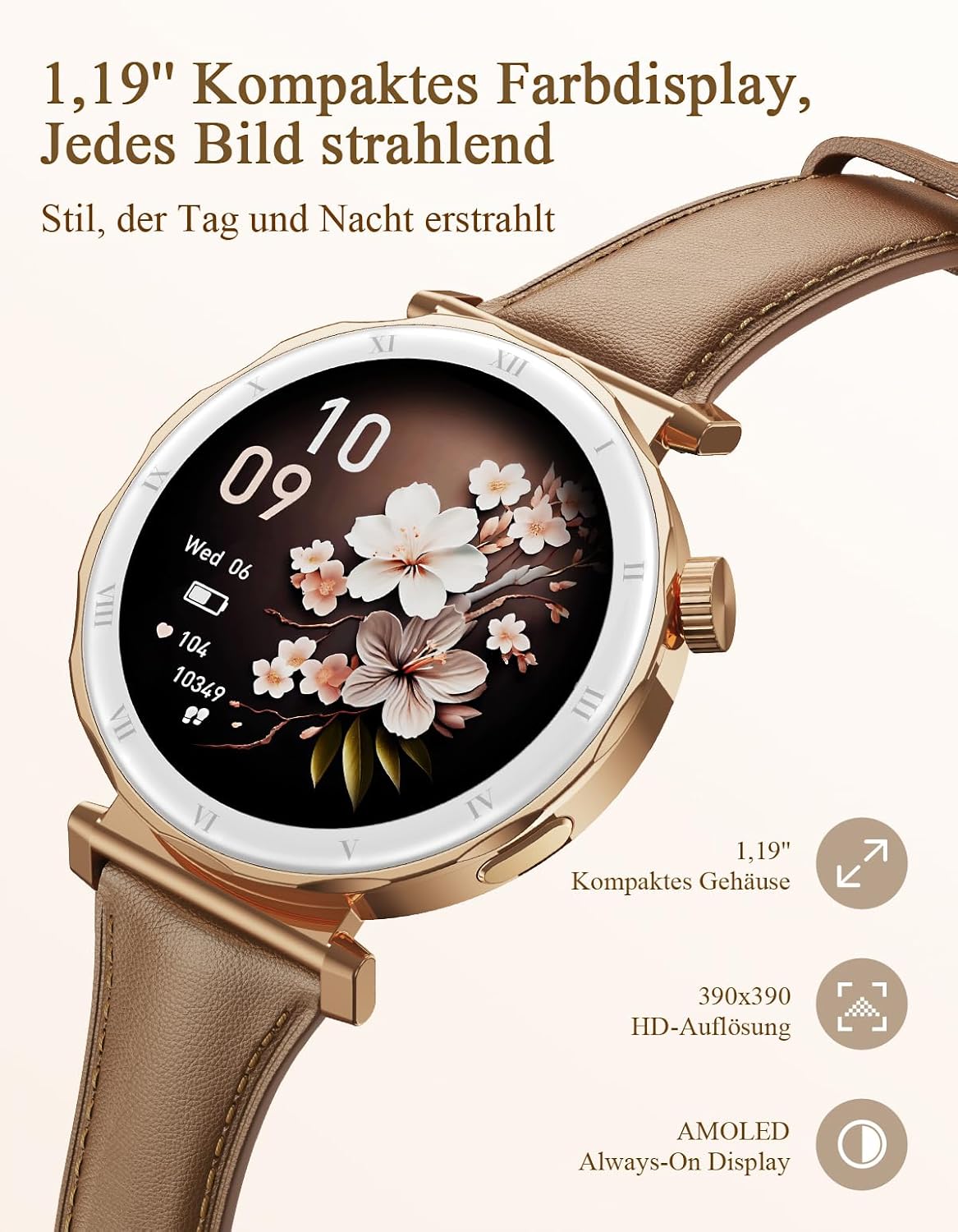 Damen-Smartwatch, Eleganz in Klein mit 1,19 Zoll AMOLED-Display und schmalem Lederarmband, Fitnessuhr mit Schrittzähler, Sportmodi, Puls-/SpO2-/Schlafmonitor für iOS/Android, Roségold/Braun – Bild 2