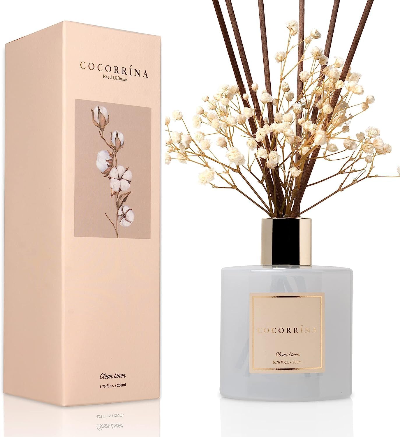 Cocorrína Raumduft-Red-Diffusor mit 8 Duftstäbchen, 200 ml, sauberes Leinen, natürlich, langlebig, Raumduft, ätherisches Öl, Reed-Diffusor für Badezimmer-Regal-Dekoration – Bild 2