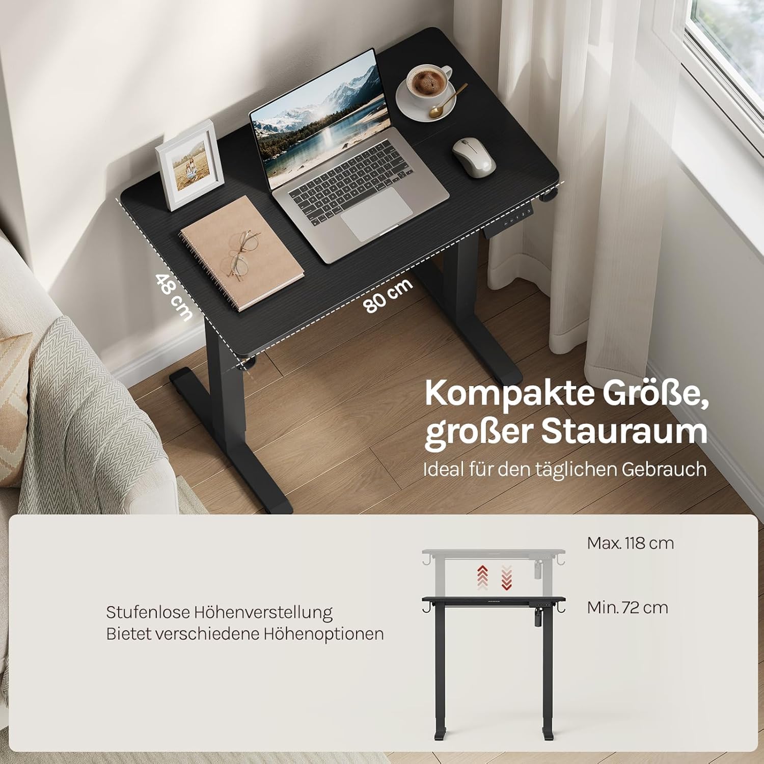 WOLTU Höhenverstellbarer elektrischer Schreibtisch mit Memory-Funktion & Kollisionsschutz, 80 kg Tragkraft, leise, Computertisch für Home Office, Arbeitszimmer, 80 x 48 cm, Schwarz – Bild 8