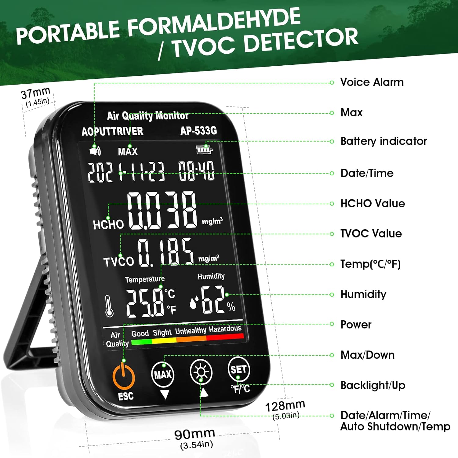 Formaldehyd-Detektor, Lufttests, genauer Test für Formaldehyd (HCHO)/TVOC, Professional 4-i-1 für Inomhusbruk Med Formaldehyd, TVOC, Temperatur (°F/°C), Überprüfung für Hemmakontor UK-AP-533G – Bild 3