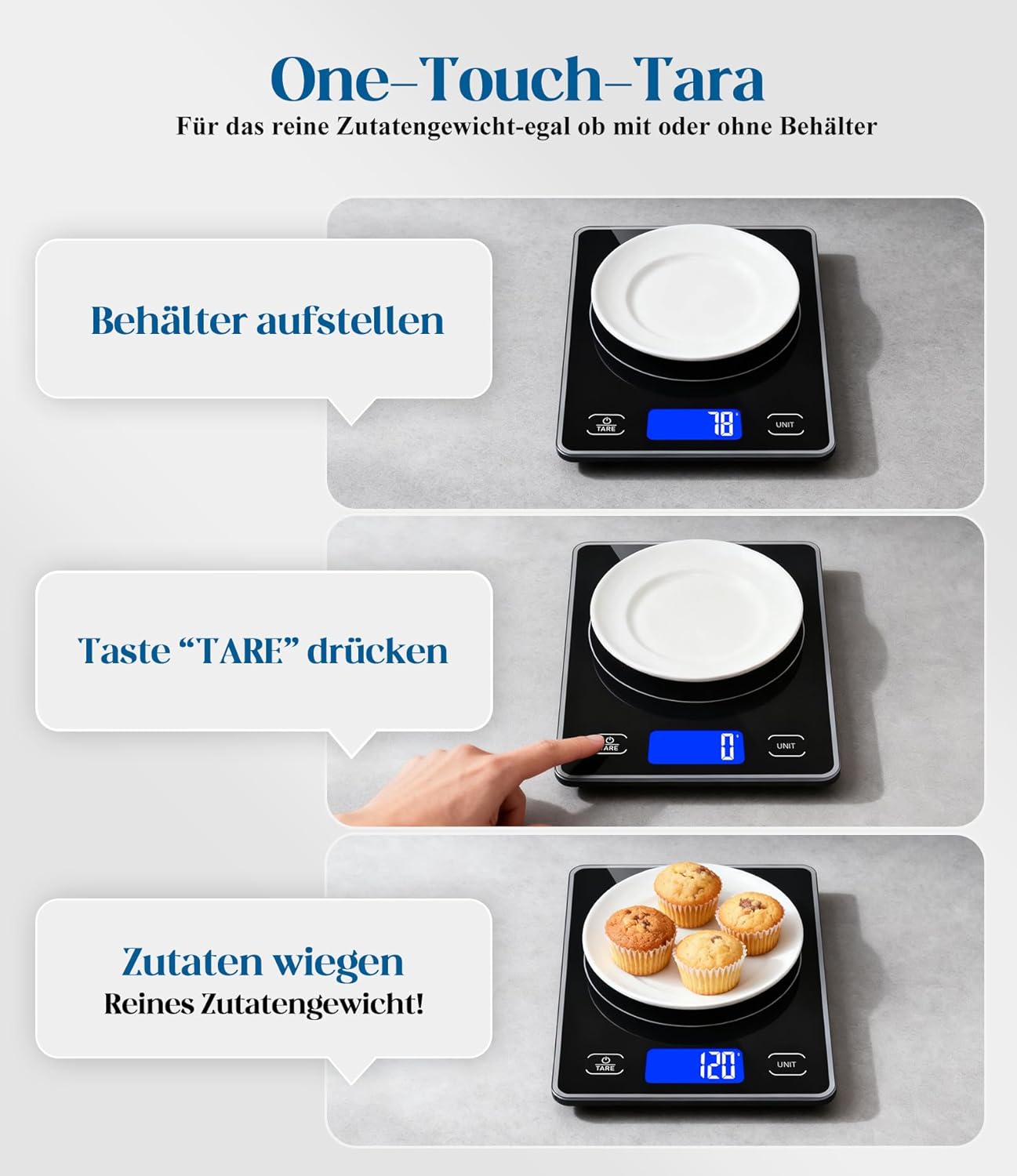 Digitale Küchenwaage mit 15 kg Tragkraft, 5 Einheiten in g/ml/fl'oz, Präzise Küchenwaage mit großem Display, Dual Power (USB-C/Batterie), 1 g hohe Präzision, Tara-Sicherheitsglas zum Backen, Kochen – Bild 5