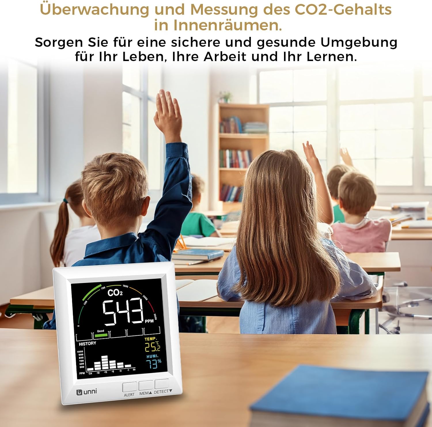 U UNNI CO2-Messgerät, 5 CO2-Detektor-Konzentrationsstufen und Belüftungsempfehlungen, USB- und batteriebetrieben, mit 3 Helligkeitsstufen und Alarm – Bild 6