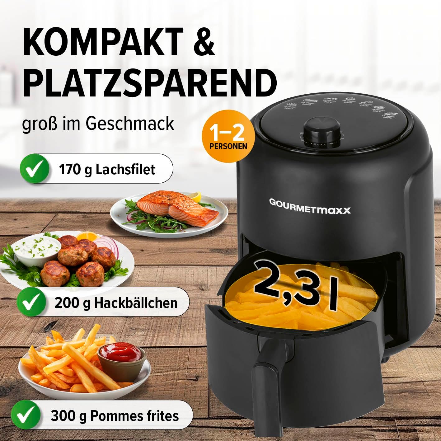 GOURMETmaxx Heißluftfritteuse 2,3 L | Airfryer mit 60-Minuten-Timer und 9 Funktionen, einschließlich Vorheizen und Warmhalten | Energiesparendes & geruchsarmes Frittieren – nahezu ohne Öl | 1000 W – Bild 5