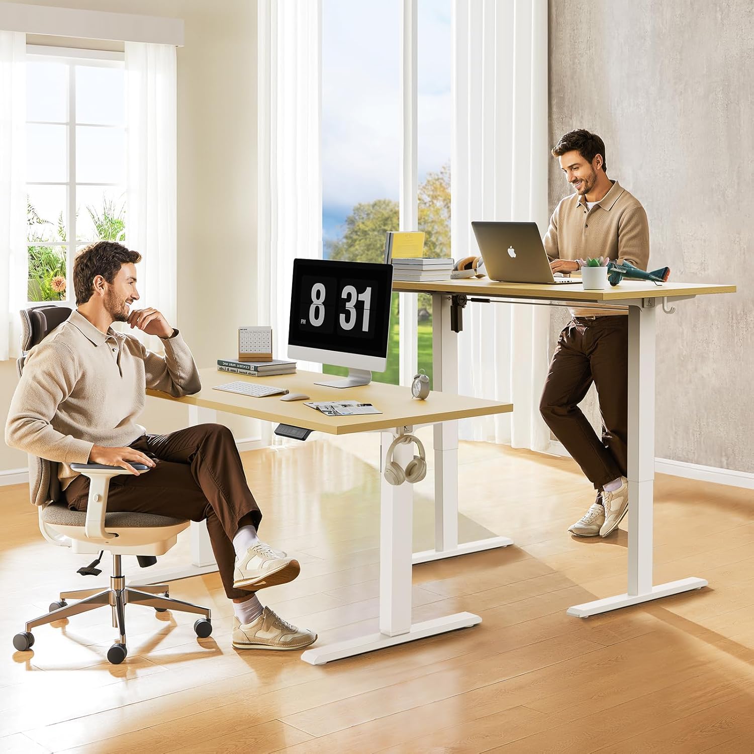 WALKINGDESK Ganze Tischplatte, höhenverstellbarer Schreibtisch, elektrischer 140 x 70 cm Computertisch, Stehsitztisch mit einteiliger Tischplatte, Stehpult mit 4 Memory-Funktionen, Eiche – Bild 2