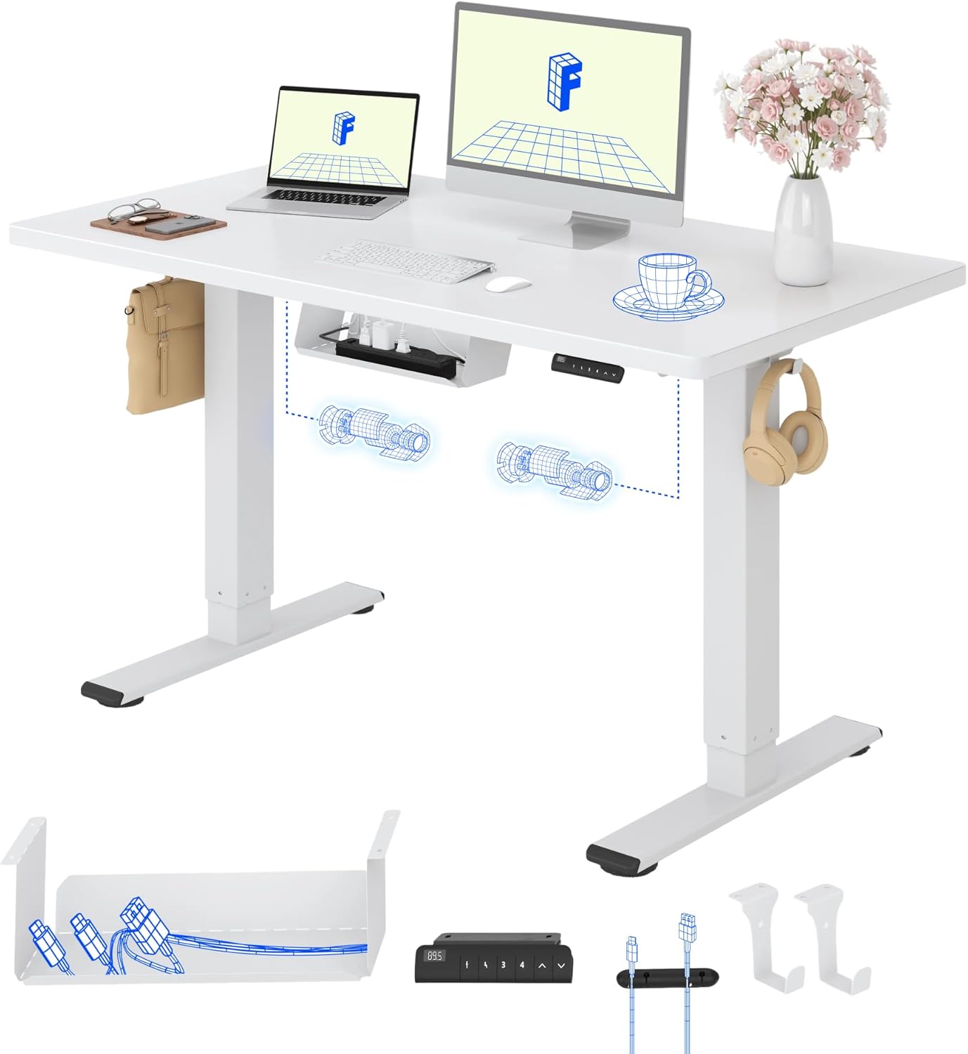 FLEXISPOT höhenverstellbarer Schreibtisch mit 2 Motoren, 25 mm einteilige Tischplatte, ergonomischer Bürotisch, 120 x 80 cm, weiß, weißes Gestell