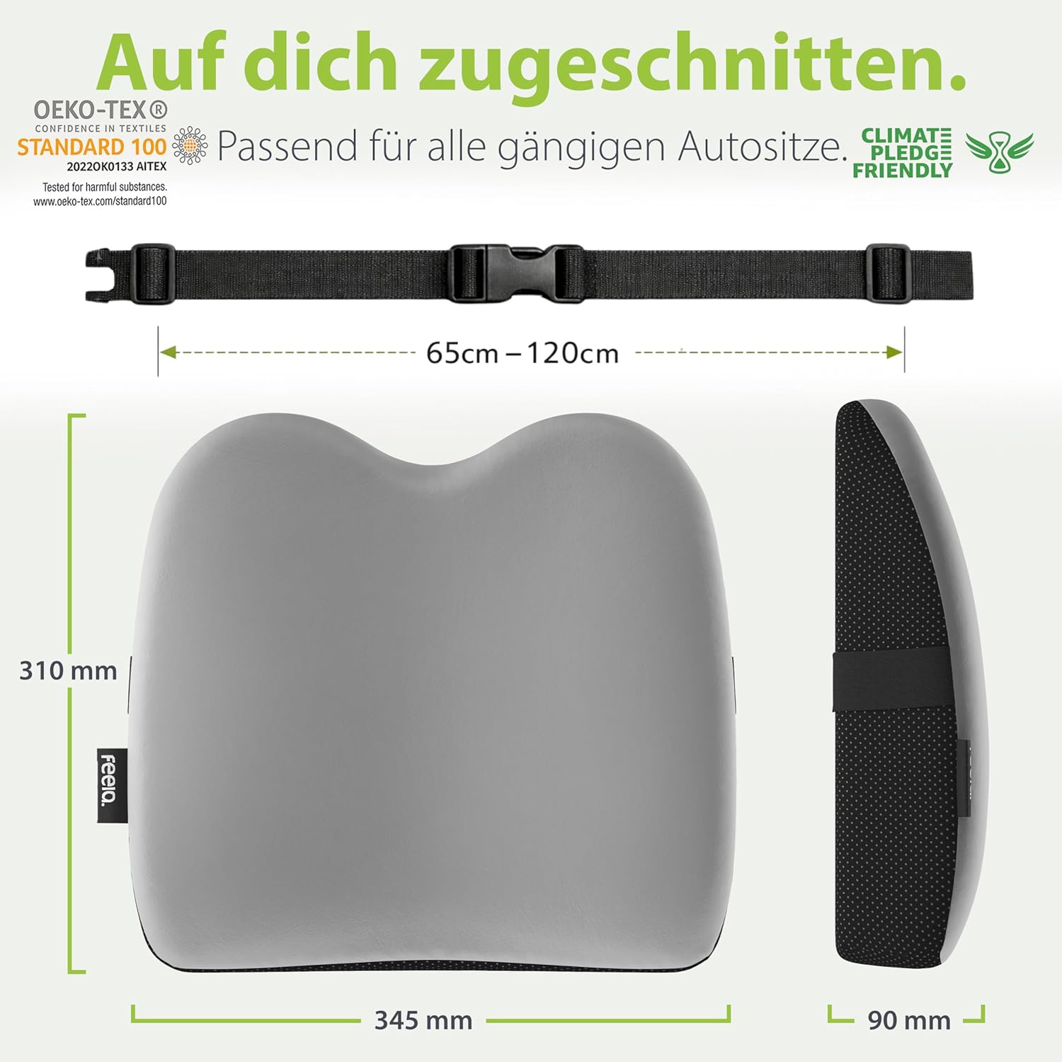 Feela. Ergonomisches Rückenkissen für Auto- und Bürostühle | Rückenstützkissen aus Memory-Schaum für Sitzkomfort und Haltung – verstellbare Passform für Autositze und Bürostühle (Silber) – Bild 5