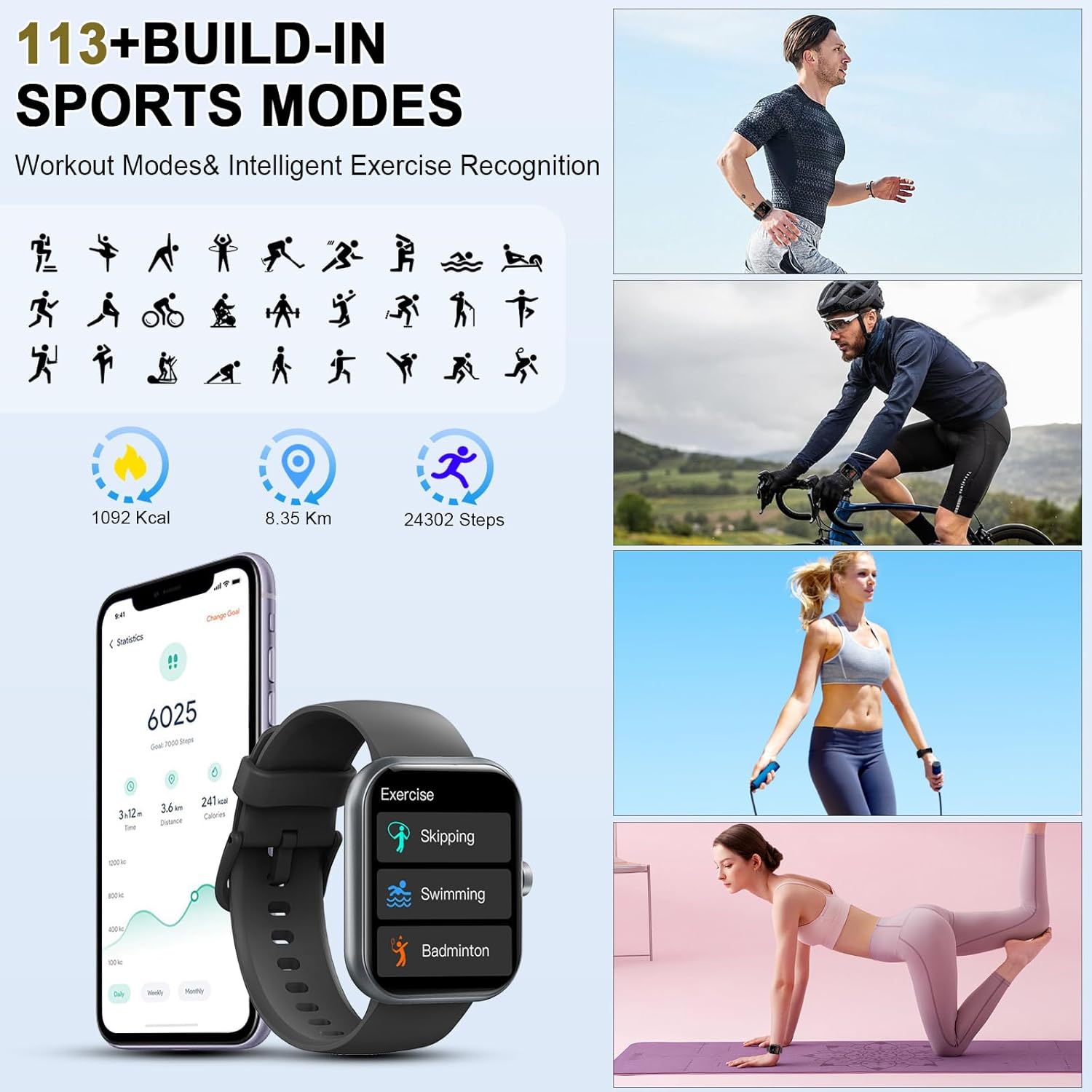 Smartwatch Herren Damen 1,96 Zoll HD Touch Fitnessuhr mit Telefonfunktion, Smartwatch Fitness Tracker mit Herzfrequenzmesser, Schlafmonitor, Schrittzähler, 113+ Sportmodi, IP68 Wasserdicht Sport – Bild 5