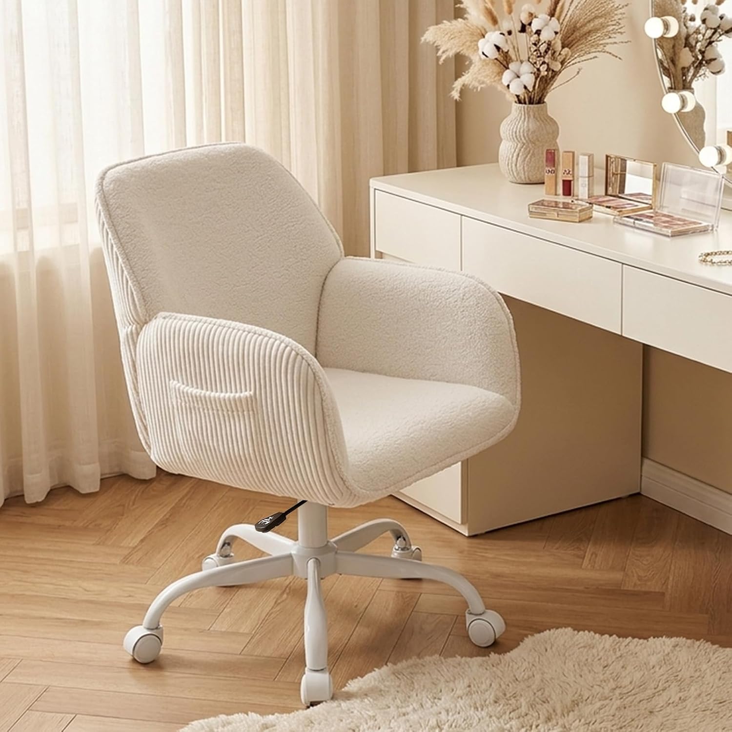 Bürostuhl, Schreibtischstuhl, Heimbürostuhl, Schminktischstuhl – Sherpa- und Cordstoff, ergonomisch mit Armlehnen, höhenverstellbar, 360° drehbar, leise Räder, breiter Sitz, stabil
