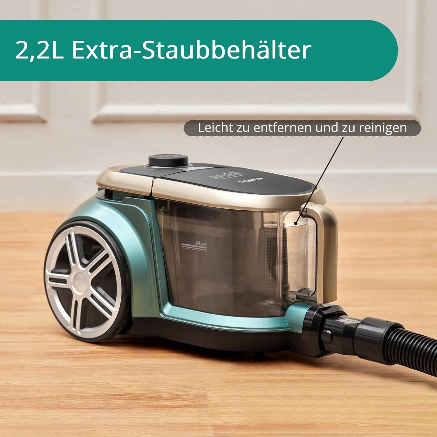 Eureka Apollo Beutelloser Staubsauger, leichter Zylinderstaubsauger mit Einzelzyklonsystem, 800-W-Leistungseffizienzmotor, 2,2-Liter-Staubbehälter, für Teppiche und Hartböden, Grün – Bild 3
