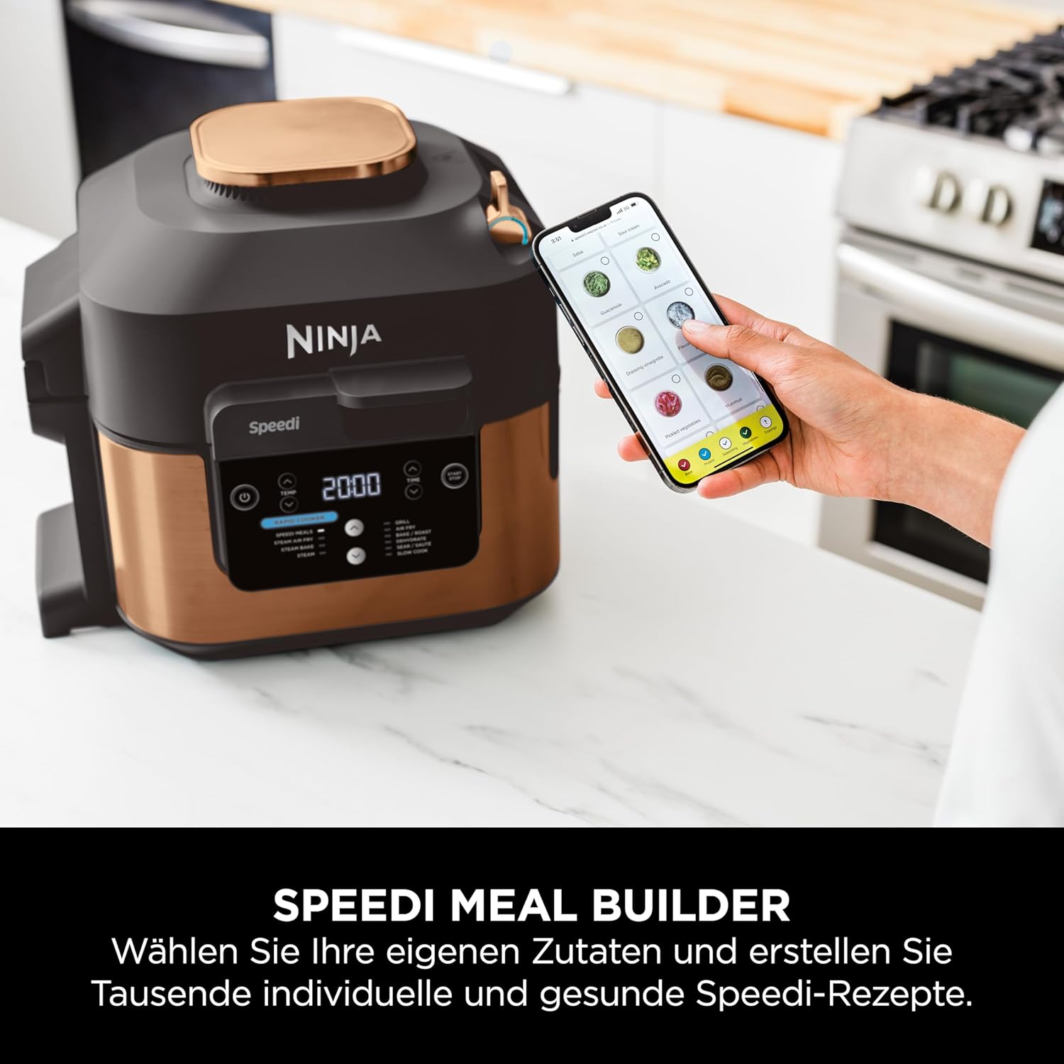 Ninja Speedi Multicooker, 5,7 l, 10-in-1-Multicooker, Airfryer-Heißluftfritteuse, Schongarer, langsames Kochen, Grillen, Backen, Schwarz und Kupfer ON400EUCP – Bild 15