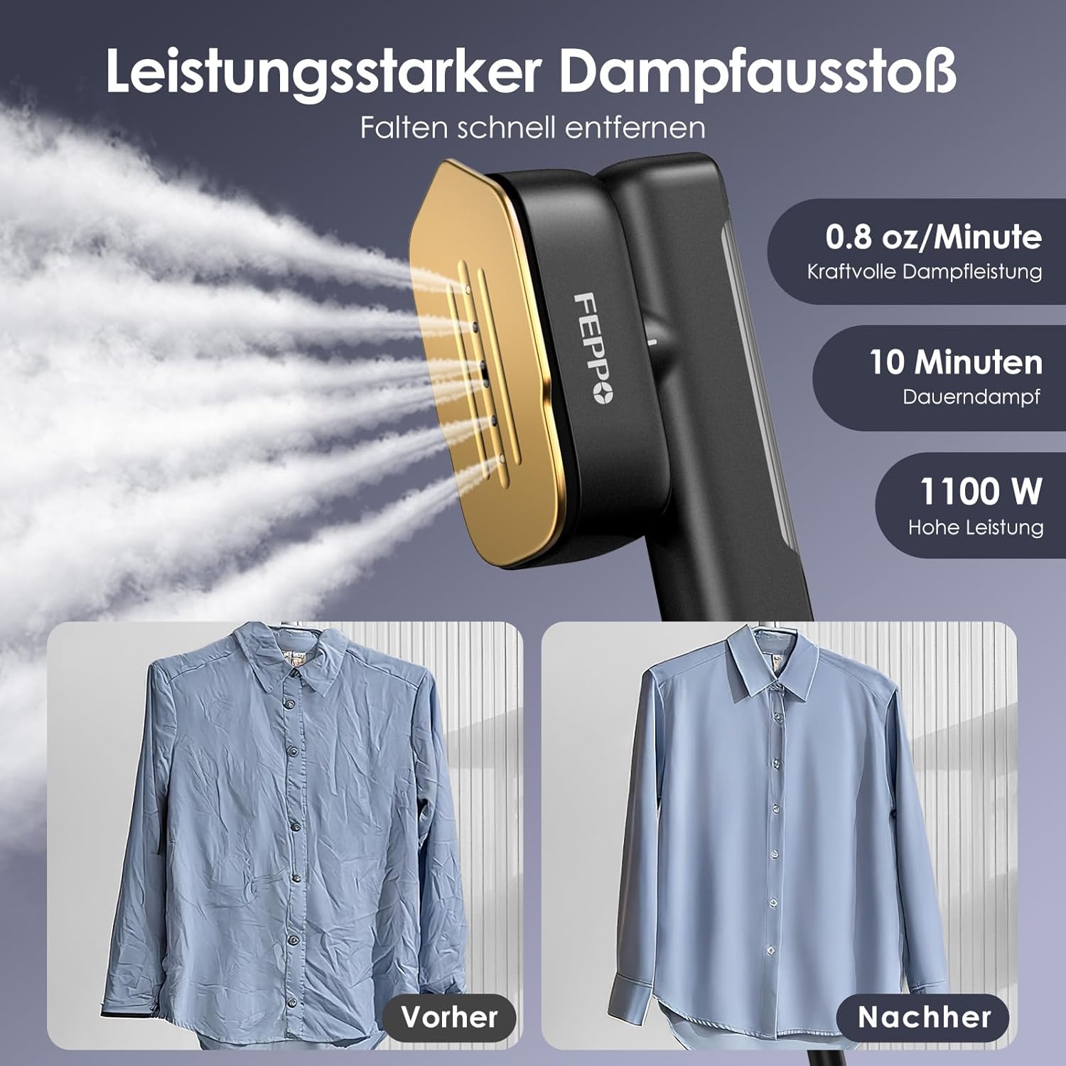 FEPPO Steamer Dampfglätter, 110–240 V Dual-Voltage-Reisedampfer, 2-in-1 tragbarer Handdampfer und Dampfbügeleisen, 15 Sekunden schnelles Aufheizen, 1100 W Dampfbürste für weltweite Reisen und Urlaub – Bild 5
