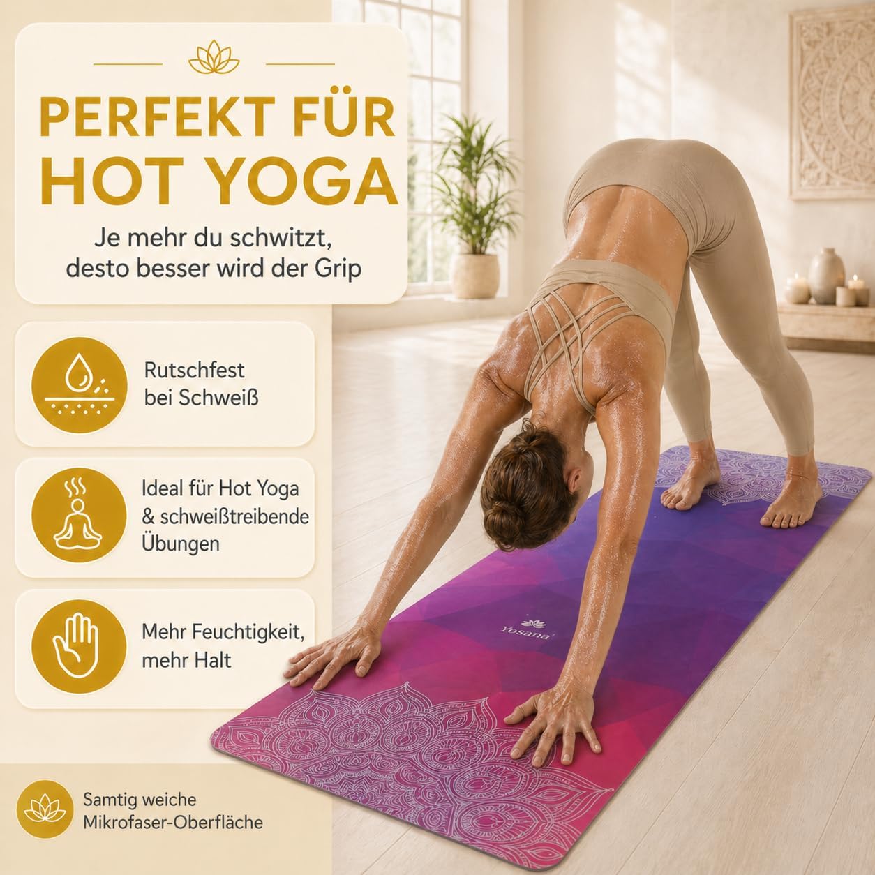 Yosana Yogamatte aus Naturkautschuk – rutschfeste, nachhaltige Yogamatte mit Mikrofaseroberfläche zur schnellen Aufnahme von Schweiß – maschinenwaschbare Sportmatte – 183 x 68 cm – Bild 3