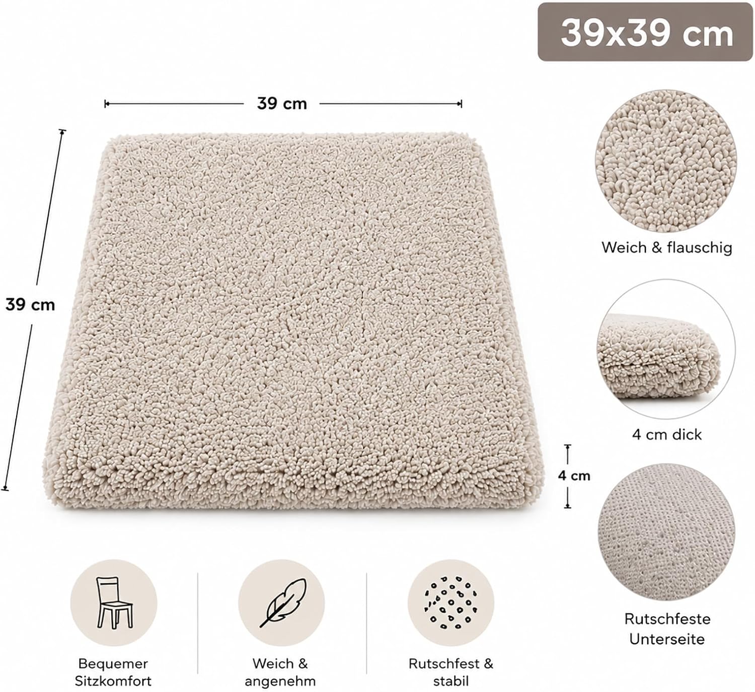 KAMACA 2er Set Sherpa Sitzkissen 39x39x4 cm Taupe – Weiche Stuhlkissen mit Schaumstofffüllung, Flauschige Sitzauflage, Komfort Sitzpolster für Küche, Esszimmer & Büro – Bild 2