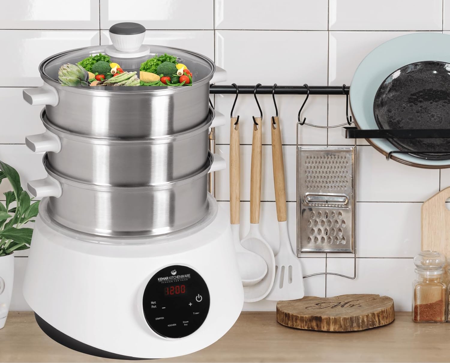KFS-3000 Dampfgarer, Hot Pot, Fondue mit Touch-Display, 3 Dampfkörbe aus Edelstahl, 4 Programme, Timer, Dampfgarer (KFS-3000 Standardversion) – Bild 2