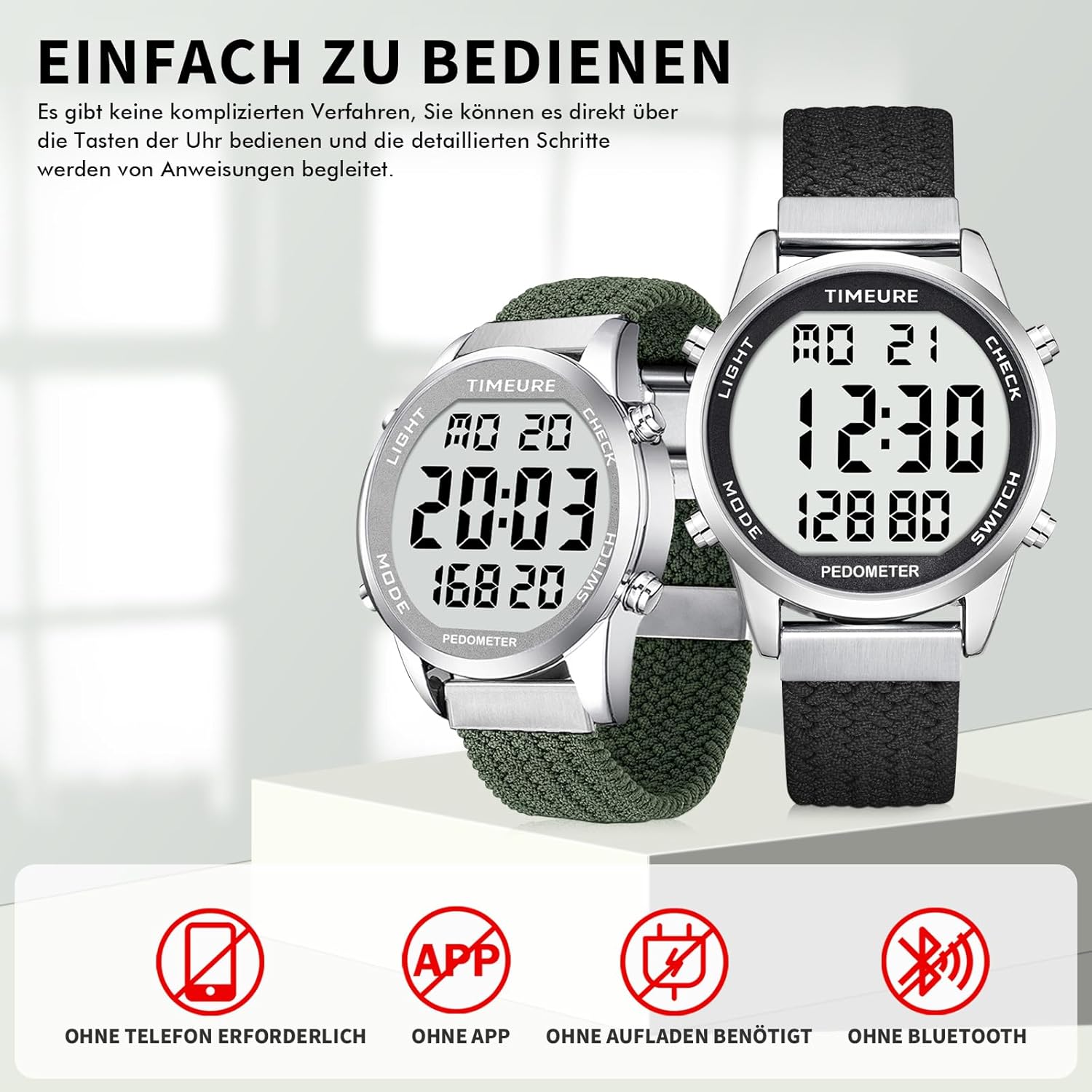 Schrittzähleruhr, modische Uhr, wasserdichte Uhr, großes digitales Display, einfacher Schrittzähler für Männer und Senioren, genauer Schrittzähler (grün) – Bild 3