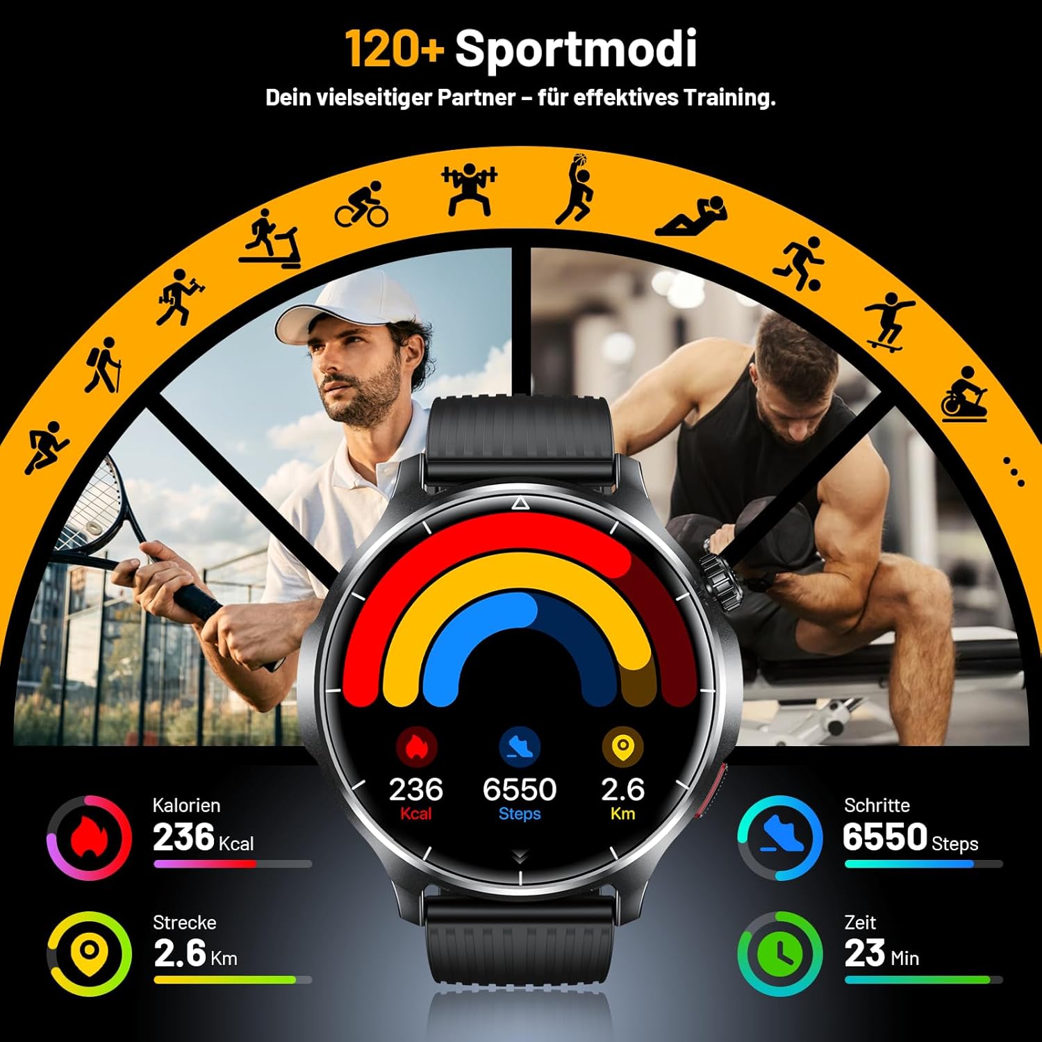 SLOKSFil Smartwatch Herren 1000 mAh Akku/1,52 Zoll HD Touchscreen, mit Bluetooth Anrufen/110+ Sportmodi/24H Herzfrequenz/IP68 Wasserdicht/Schlafmonitor, Schrittzähler, Fitnessuhr, Android iOS (Schwarz) – Bild 5