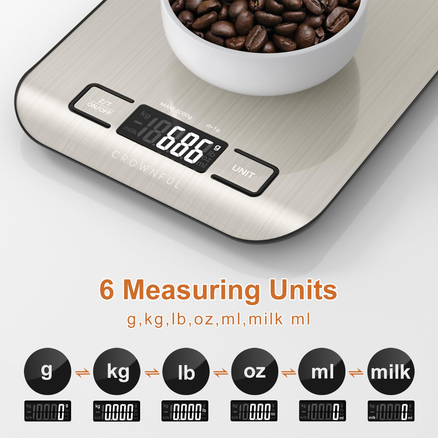 CROWNFUL Digitale Küchenwaage, 5 kg, Küchenwaage mit LCD-Display, Edelstahl-Digitalwaage, hohe Präzision bis 1 g, 5 Einheiten mit Tara-Funktion – Bild 2