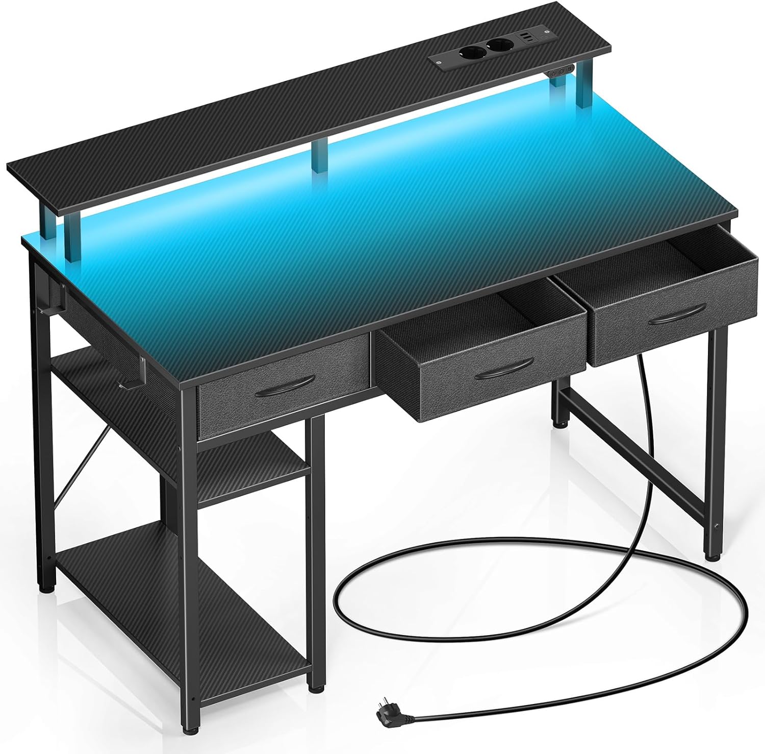 Rolanstar Schreibtisch mit Schubladen, Computertisch mit Steckdosen & LED, Gaming-Tisch mit Monitorständer, Ablage & 2 Haken, Gaming-Schreibtisch für Büro, Wohnzimmer (Schwarz, 100 x 47 x 90,5 cm)