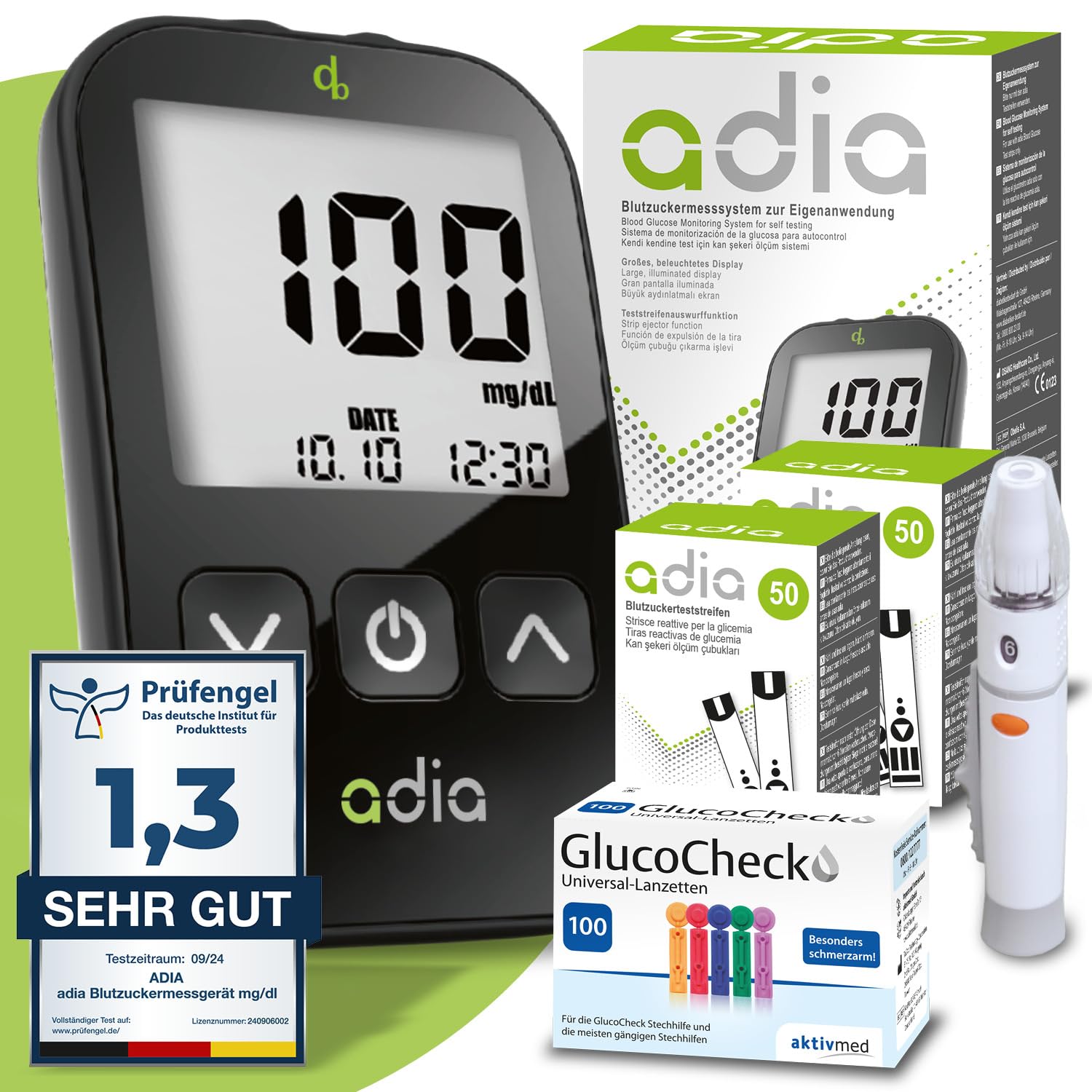 adia Blutzuckermessgerät (mg) + 110 Blutzucker-Teststreifen + 110 Lanzetten, Maxi-Sparset zur Blutzucker-Selbstmessung bei Diabetes