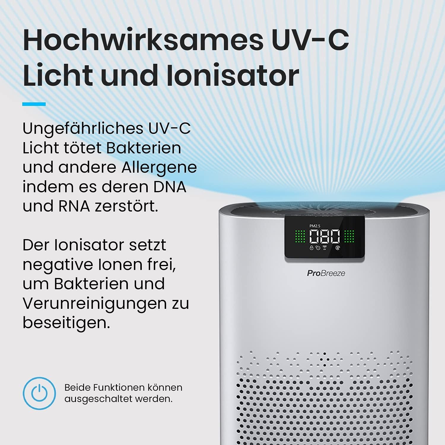 Pro Breeze Luftreiniger Hepa 13 Filter mit UV-C-Lampe, Luftionisator & Aktivkohlefilter, CADR 460 m3 – Luftreiniger mit Luftqualitätsmessgerät für große Räume bis 140 m² – bis zu 99,95 % Filterleistung – Bild 4