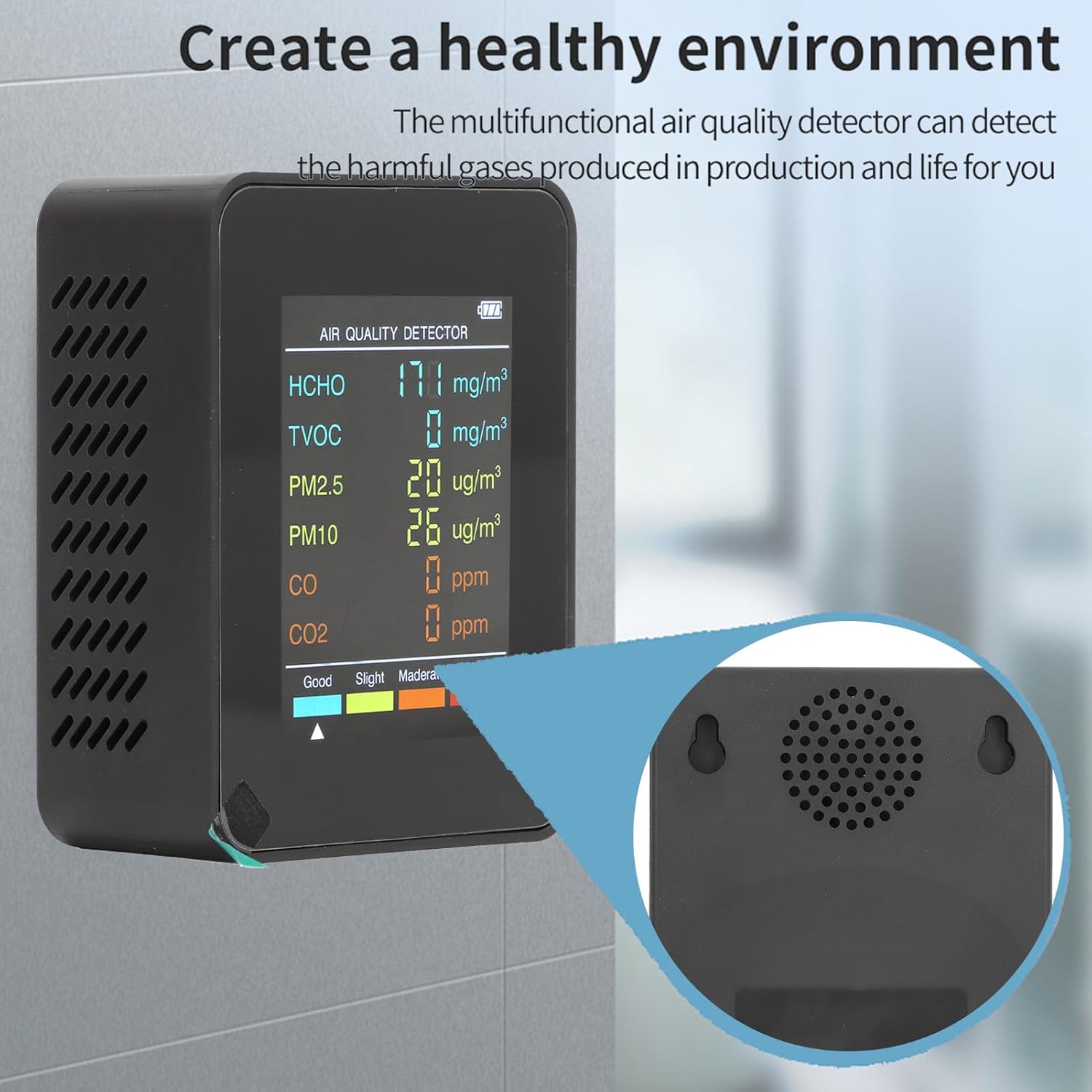 lyrlody Luftqualitätsmonitor zur Überwachung der Luftqualität, Luftqualitätsmessgerät mit LCD-Hintergrundbeleuchtung und CO₂-TVOC-HCHO-PM2,5-PM10-Messung für die Prüfung der Luftqualität in Innenräumen (schwarz) – Bild 6