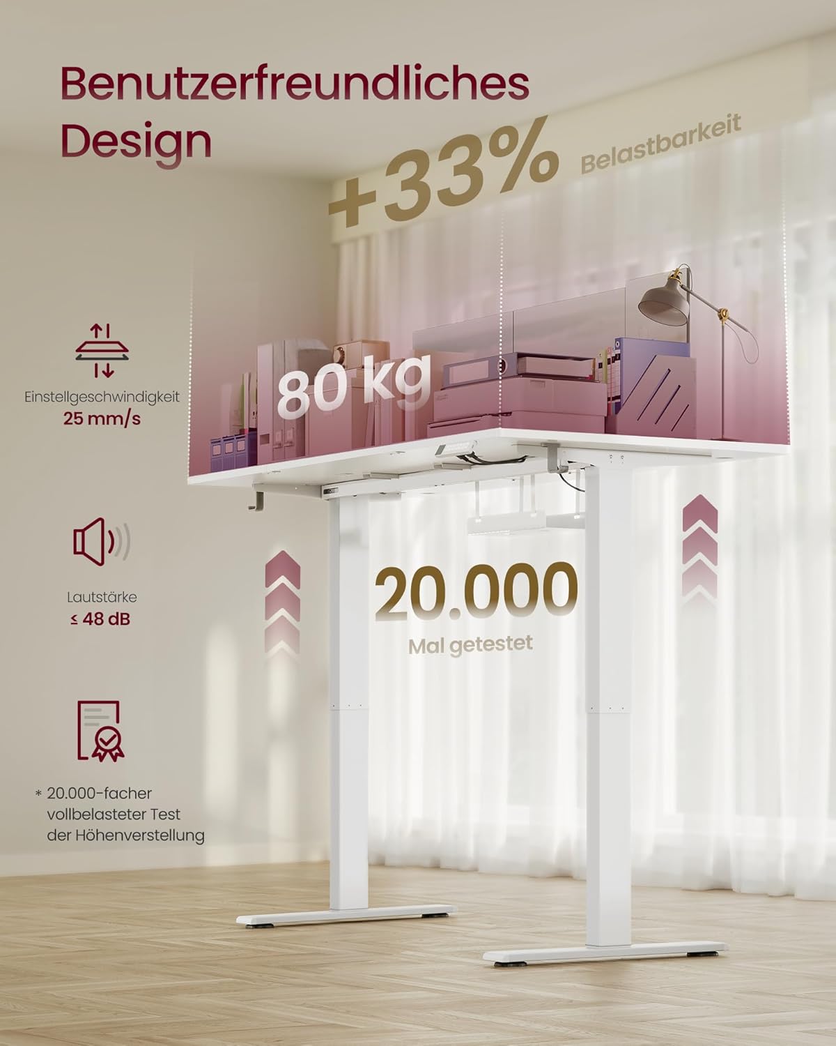 VASAGLE höhenverstellbarer Schreibtisch, 140 x 80 cm, USB-C-Anschluss, Steckdosenleiste, Stehtisch, Erinnerung an langes Sitzen, 3 Speichertasten, für Büro, mattweiß LSD144WZ02 – Bild 7