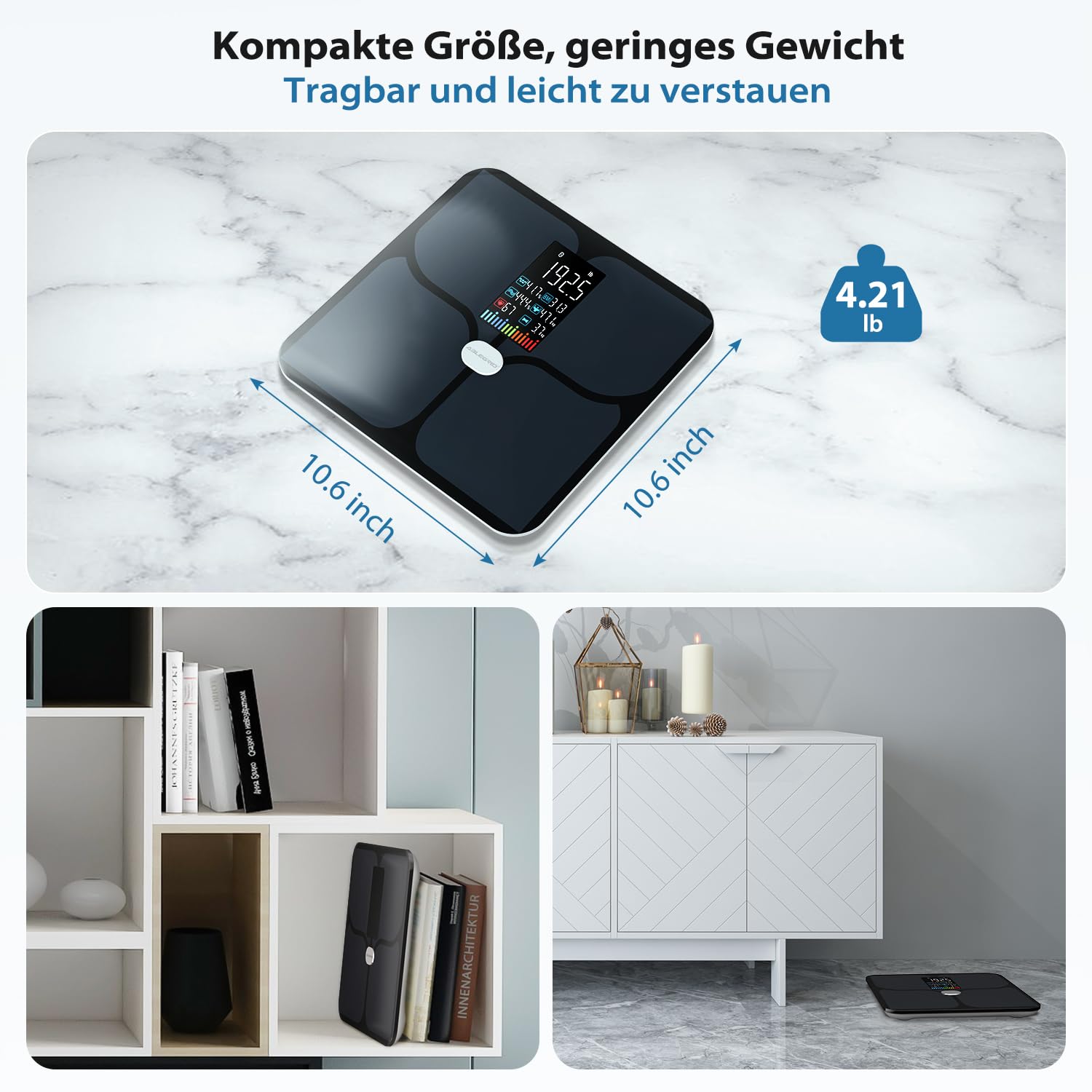 ABLEGRID Wiederaufladbare Körperfettwaage, LED-Digital-Personenwaage mit Körperfett und Muskelmasse, Körperfettanalyse, 16 Messungen der Körperzusammensetzung, BMI, Herzfrequenz, 180 kg, Schwarz – Bild 9