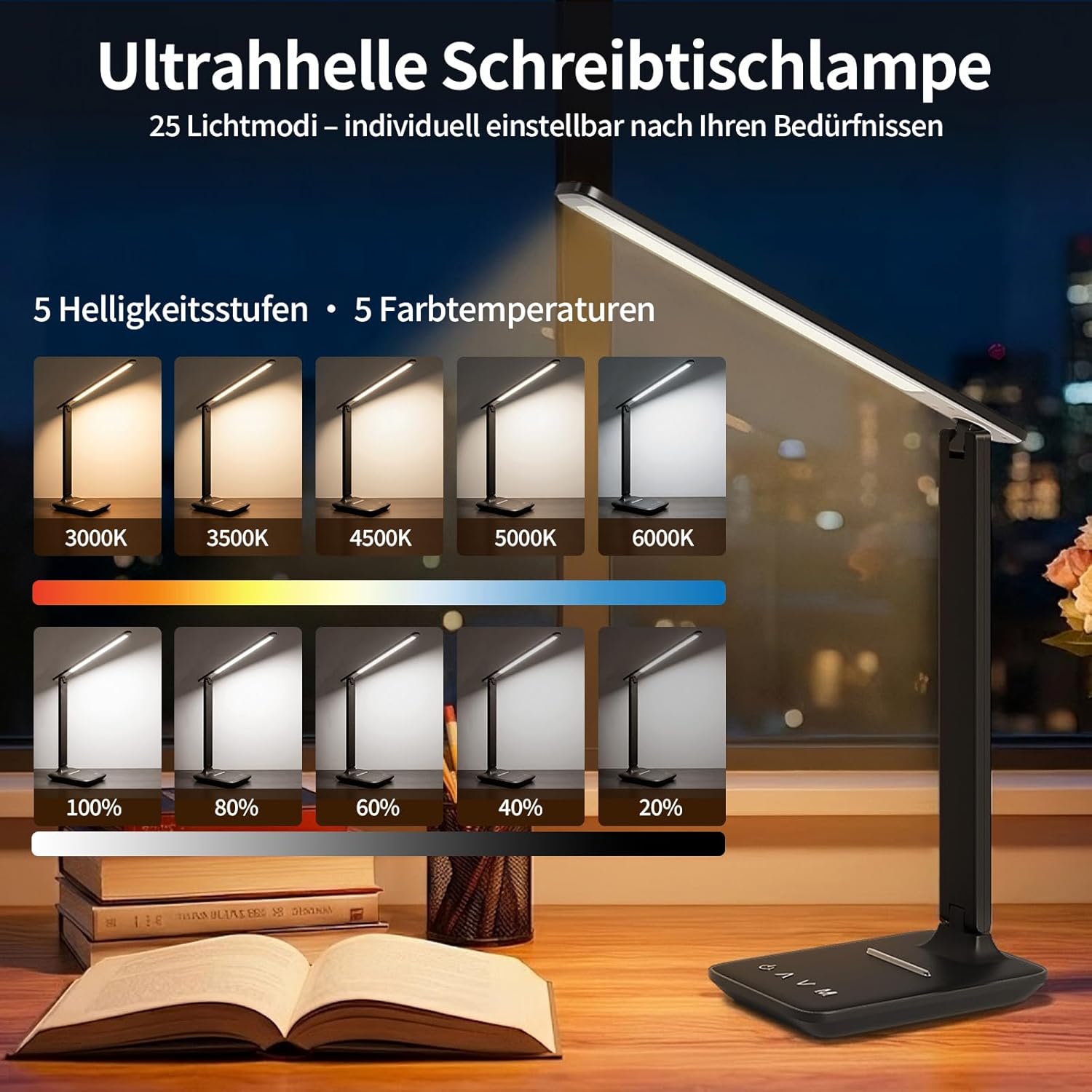 Schreibtischlampe LED dimmbar, Tischlampe mit Augenschutz & USB-Ladeanschluss, 5 Farbtemperaturen & 5 Helligkeitsstufen, Touch-Steuerung, faltbar, für Büro, Lesen und Home Office – Bild 2