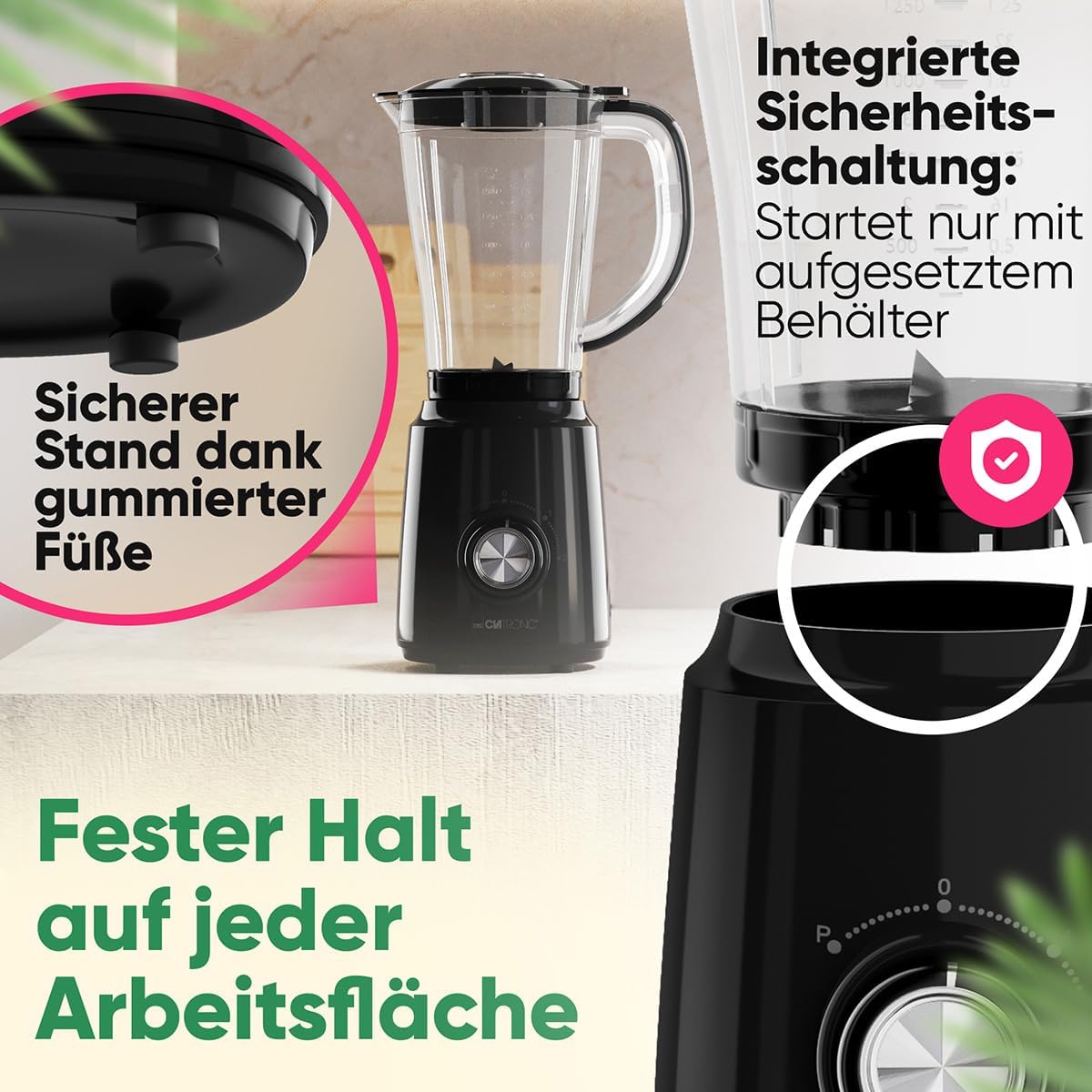Clatronic UM 3845 Standmixer, 500 W, BPA-frei, 4-Wege-Edelstahlmesser, rostfrei, 1,5 l, Smoothie-Maker, Eis-Crush-Funktion, 3 Stufen, Turbo-Funktion, Deckel mit Nachfüllöffnung – Bild 6