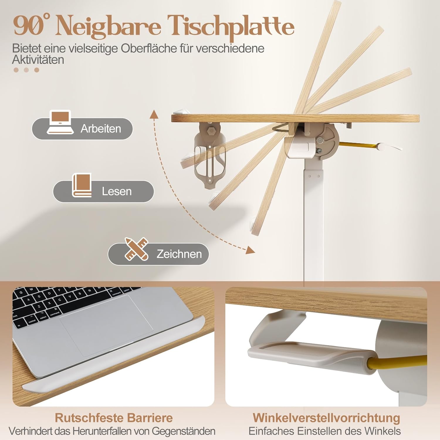 COSTWAY Beistelltisch höhenverstellbar mit versteckten Rollen, Stehtisch mit um 90° neigbarer Tischplatte, Haken und Getränkehalter, Stehpult, Stehpult, Laptoptisch für Wohnzimmer – Bild 5