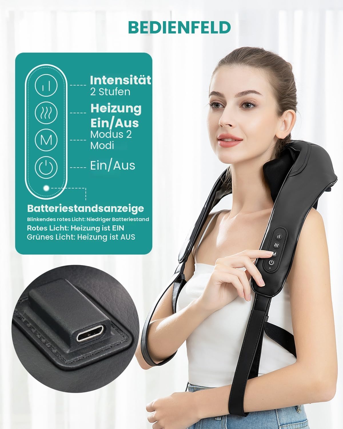 Nekteck Nackenmassagegeräte Kabellos, Schultermassagegerät mit Wärme, 6D Deep Tissue Shiatsu Elektrische Rückenmassagegeräte gegen Muskelschmerzen für Zuhause, Büro und Auto, Schwarz – Bild 2