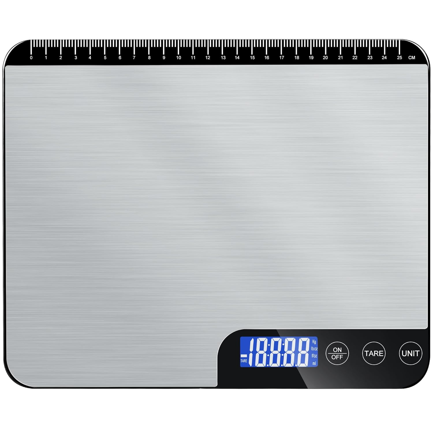 Digitale Küchenwaage 20 kg, große Wiegefläche, Digitalwaage mit Lineal, professionelle elektronische Waage, Edelstahl-Haushaltswaage, Lebensmittelwaage, Tara-Funktion, kein USB, 5 Einheiten, LCD inklusive Batterien