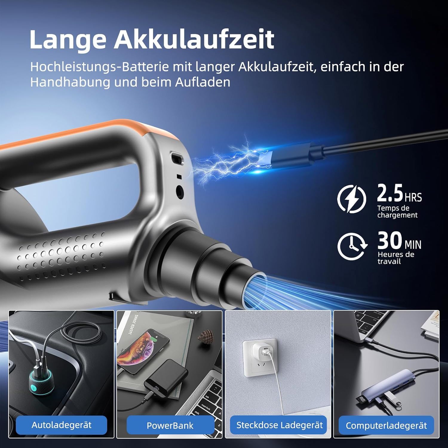 Handstaubsauger, 26000 Pa 4-in-1 Auto Staubsauger Stark, One-Touch Staubentleerung, Bürstenloser Motor, HD Display und LED Beleuchtung, Akku Staubsauger Kabellos für Zuhause/Büro/Auto, Orange – Bild 5