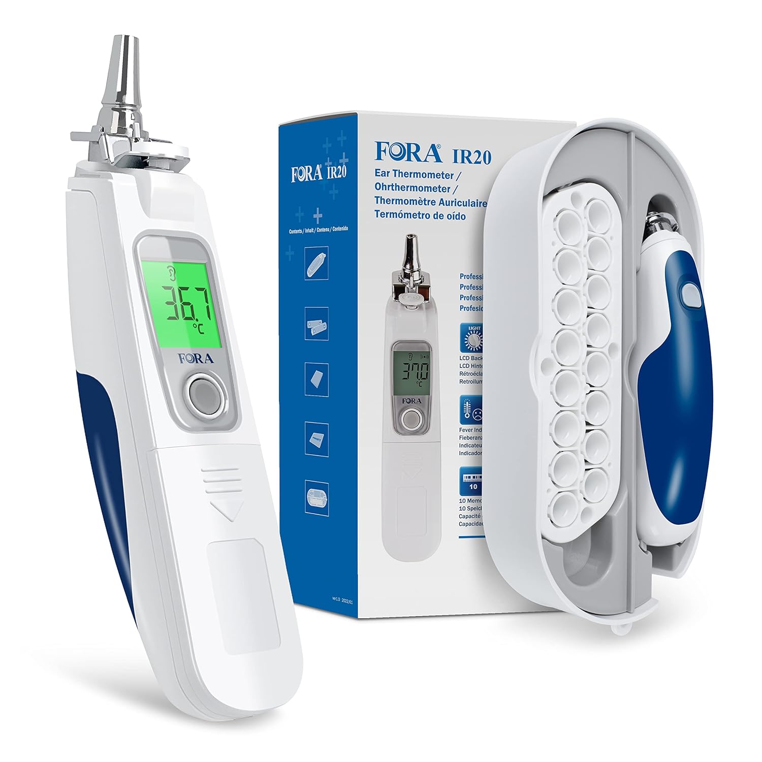FORA IR20C Infrarot-Ohrthermometer in medizinischer Qualität mit 16 Einweg-Schutzkappen, kleiner Eisenkopf, langlebig, leicht zu reinigen