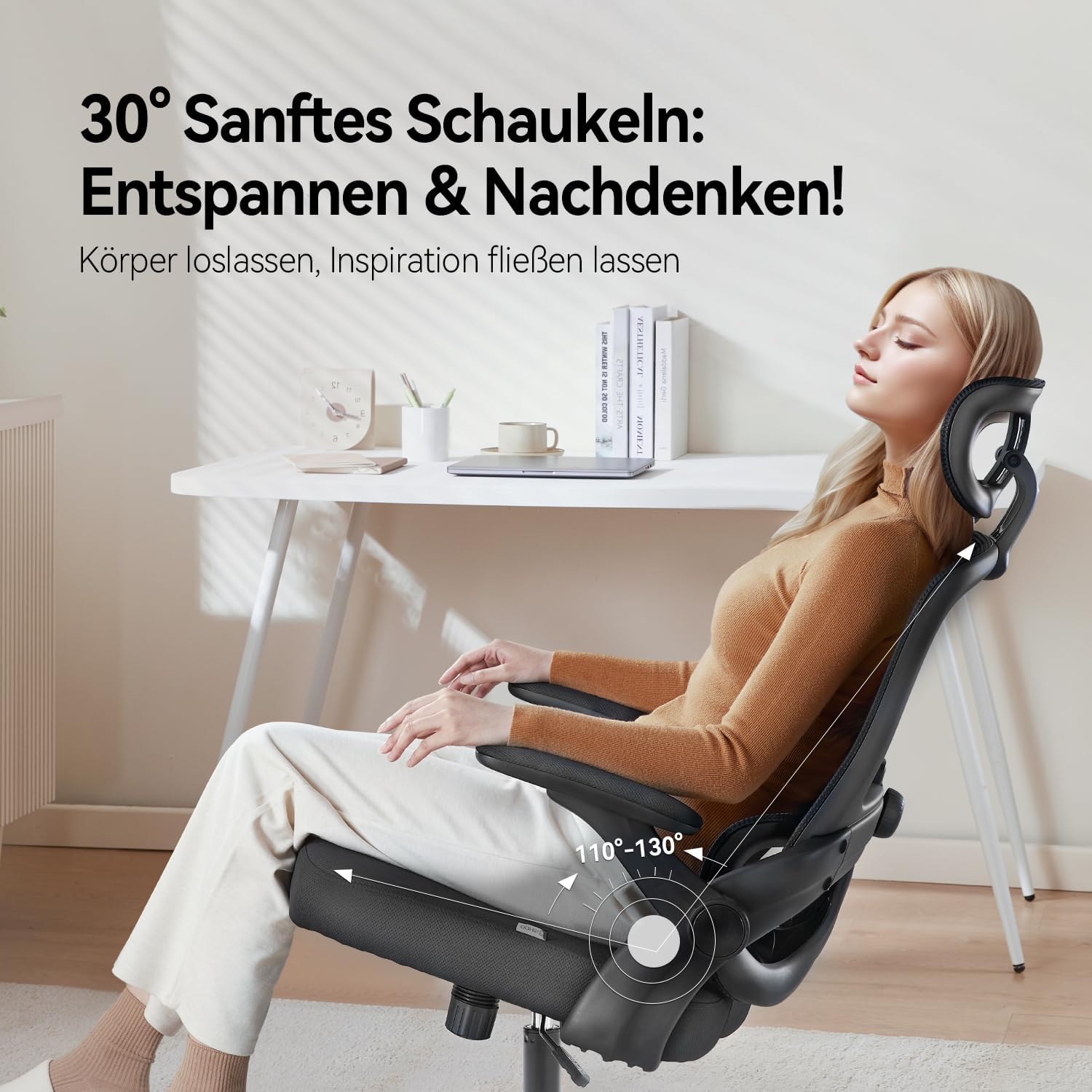 SIHOO M102C Ergonomischer Bürostuhl aus Netzstoff, Schreibtischstuhl mit hoher Rückenlehne, 3D-Armlehnen, Auf- und Ab-Lendenwirbelstütze, drehbarer Computer-Arbeitsstuhl, Schwarz – Bild 5