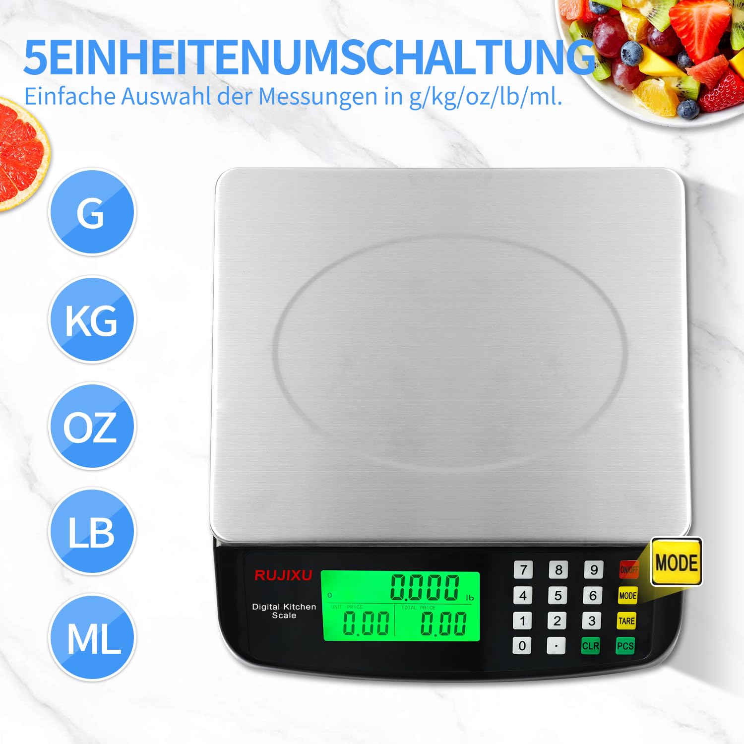 Digitale Küchenwaage, 30 kg, Edelstahl, digitale Waage mit LCD-Display und Tara-Funktion, digitale Präzisionswaage mit PCS-Zählwaage, 3-Einheiten-Umrechnung – Bild 4