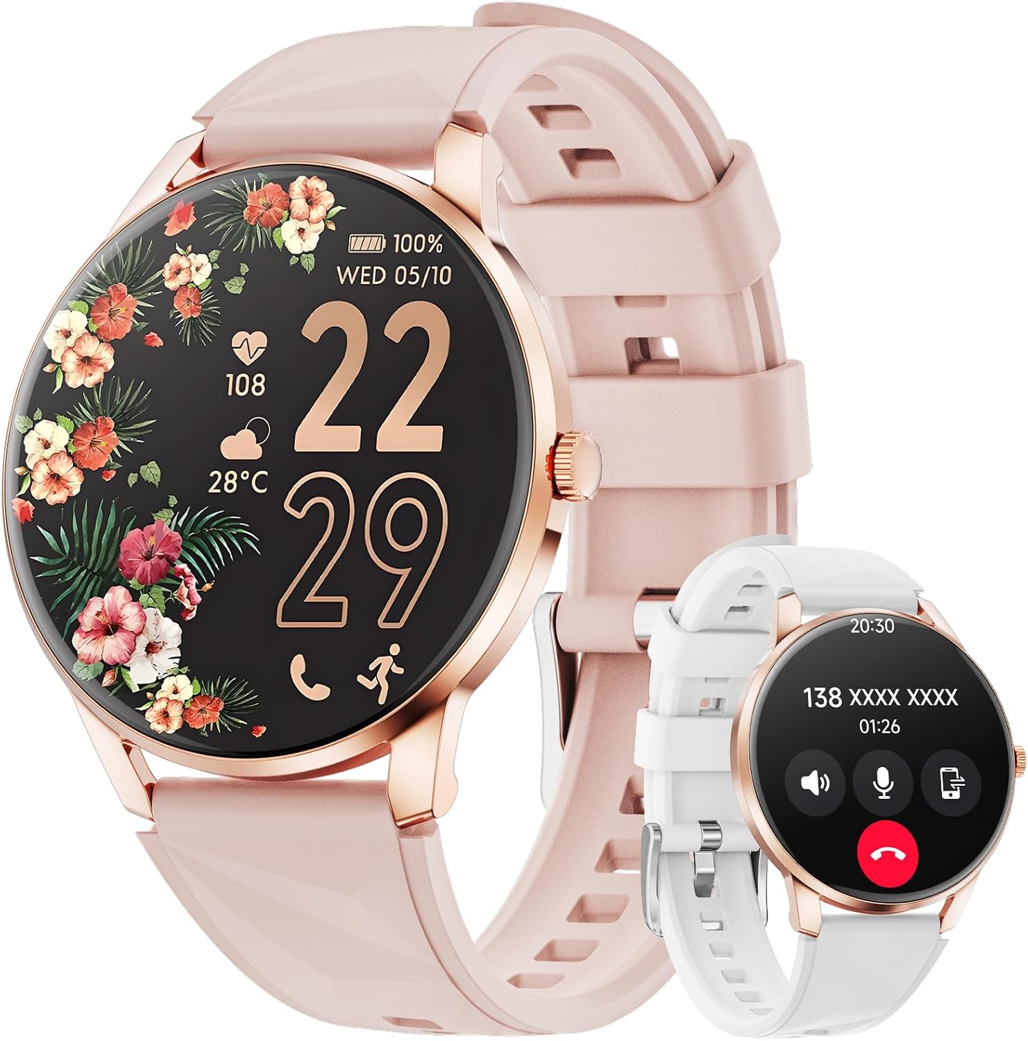 Damen Smartwatch mit Telefonfunktion, 1,32 Zoll AMOLED Display Smartwatch, Fitnessuhr mit Herzfrequenzmesser, SpO2, Schlafmonitor, Schrittzähler, 110+ Sportmodi, Sportuhr für iOS