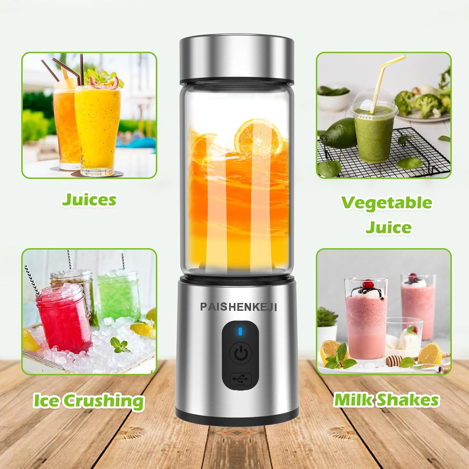 Glas-Smoothie-Maker Mini-Mixer – Standmixer, tragbarer Mini-Mixer, 400 ml Smoothie-Maker für unterwegs, persönlicher USB-Smoothie-Mixer zum Zerkleinern von Eis und gefrorenen Früchten – Bild 5