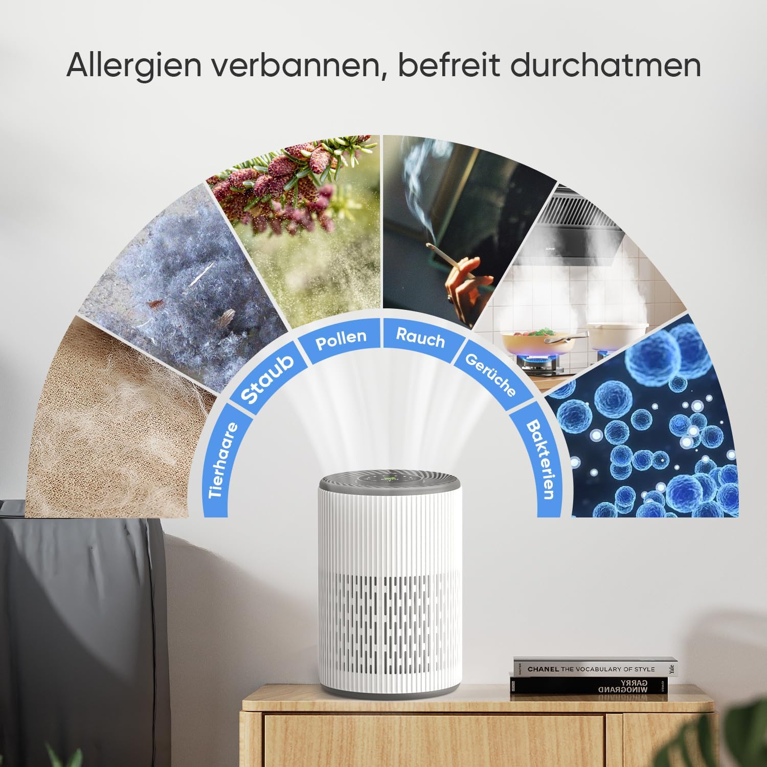 DAYETTE Tragbarer Luftreiniger für Allergiker mit Duftschwamm und blauem Nachtlicht, Timer, Schlafmodus (20 dB), HEPA-Luftfilter gegen Schimmel, Staub, Pollen, Gerüche, Tierhaare – Bild 8