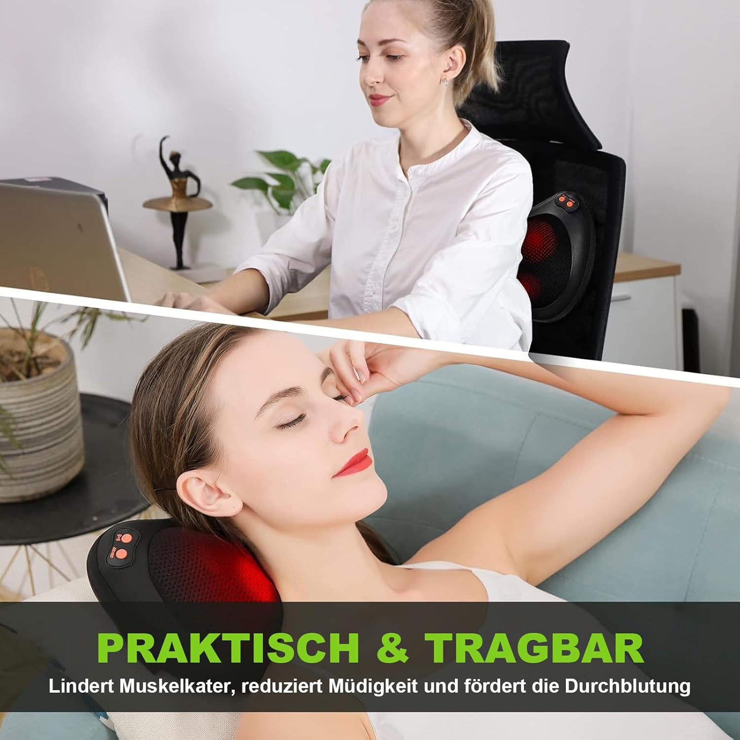 iKristin Shiatsu-Massagekissen, Rückenmassagegerät mit sechs mehrfach rotierenden Massageköpfen mit Wärmefunktion für Nacken, Schulter, Rücken, Büro, Zuhause – Bild 6
