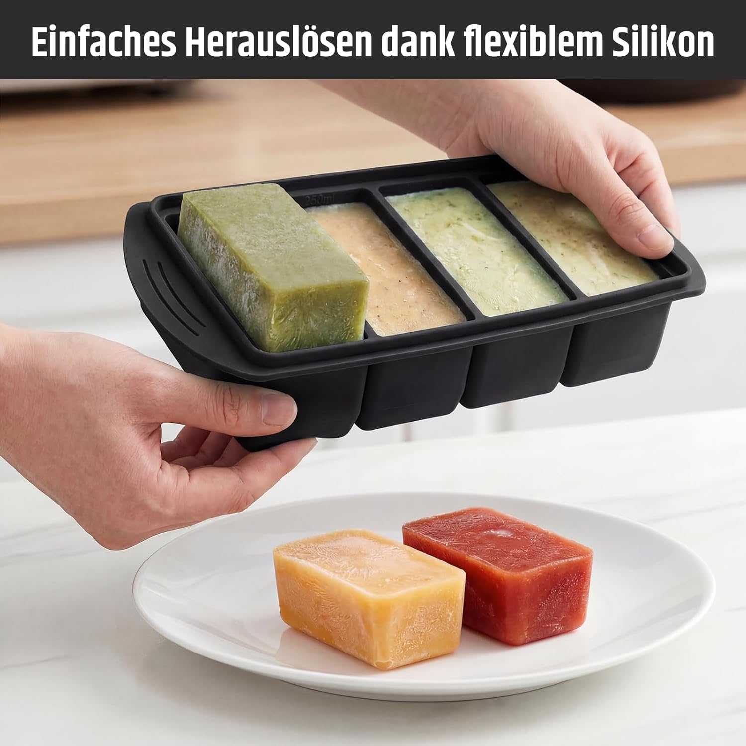 Silikon-Gefrierform mit Deckel-Set (2 + 4 Fächer) – Gefrierbehälter & Schaufel mit Skala 250–500 ml für Suppe, Saucen & Essenszubereitung, auch als Eiswürfelform verwendbar, BPA-frei, stapelbar (schwarz) – Bild 5