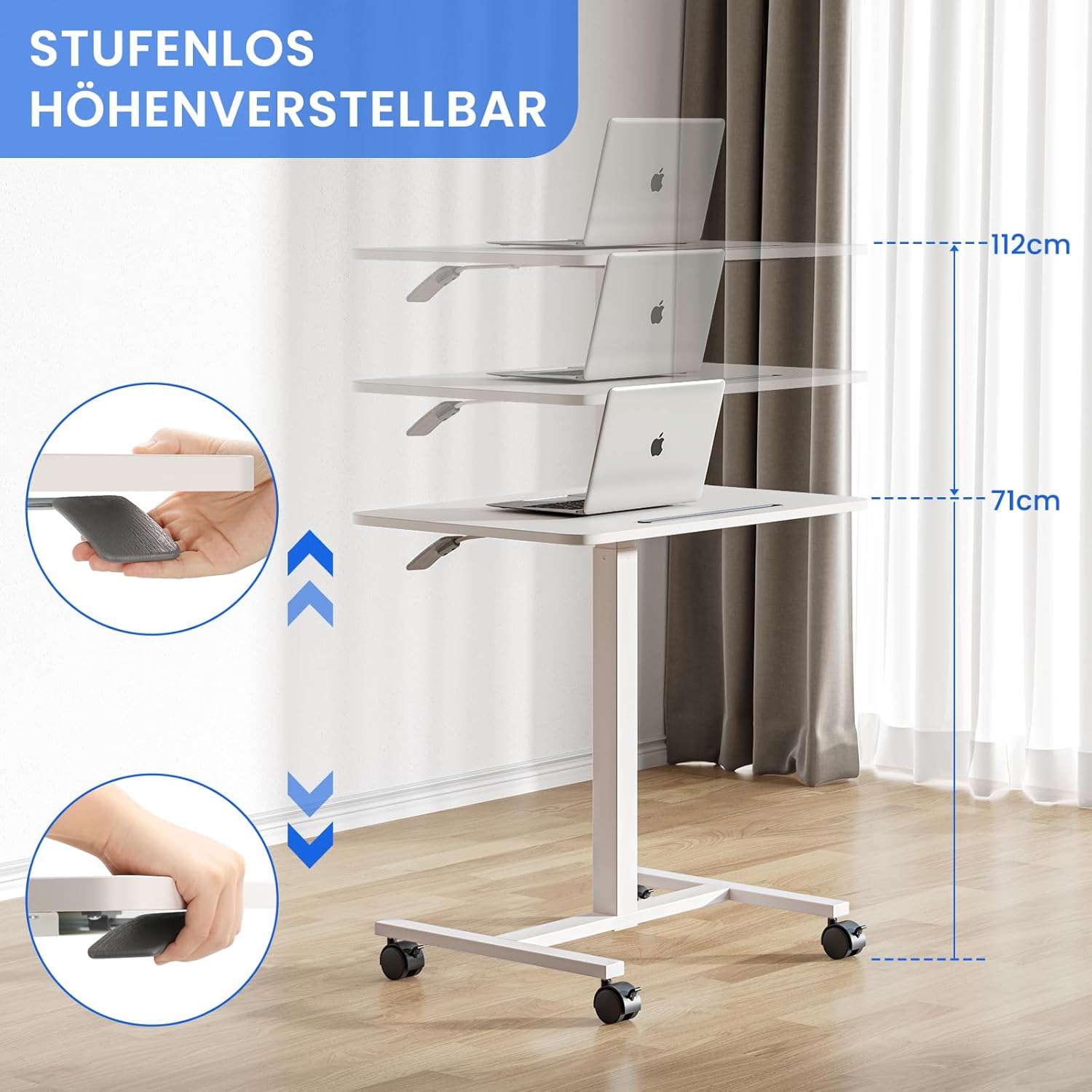 Dripex Computertisch höhenverstellbar mit Rollen, Aussparung für Tablet oder Handy, Stehsitz, PC-Tisch, kleiner Schreibtisch, mobiler Stehschreibtisch, Pflegetisch, Beistelltisch, weiß – Bild 4