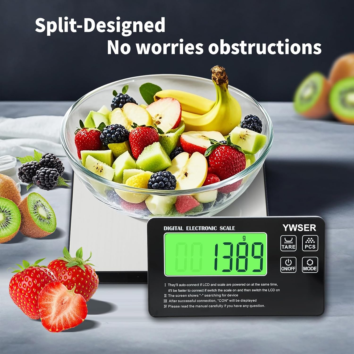 15 kg digitale Küchenwaage mit LCD-Fernanzeige, geteiltes Display für einfaches Ablesen und Reinigen, 1 g Präzision, 7 Einheiten, Tara-Funktion zum Backen, Kochen (Silber-Schwarz) – Bild 6