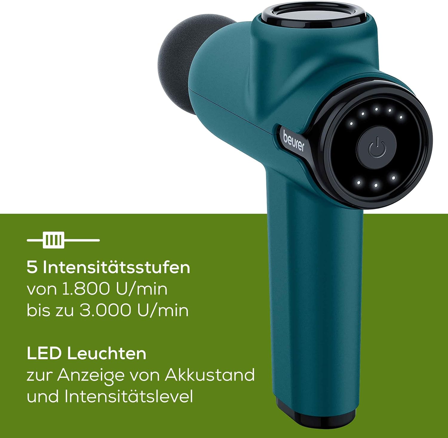 Beurer MG 99 Massagepistole, handliche Massagepistole mit 4 Aufsätzen, kraftvolle Triggerpunktmassage, entspannende Verspannungen, kompaktes Muskelmassagegerät mit 5 Intensitätsstufen & Akku – Bild 3