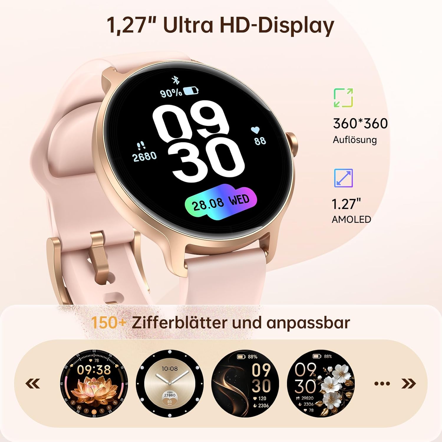 Damen Runde Smartwatch, 1,27 Zoll AMOLED Smartwatch mit Telefonfunktion, Fitnessuhr mit Herzfrequenzmesser, SpO2-Schlafmonitor, Schrittzähler, 120+ Sportmodi, Sportuhr, IP68 wasserdicht, Damenuhren für iOS Android – Bild 5
